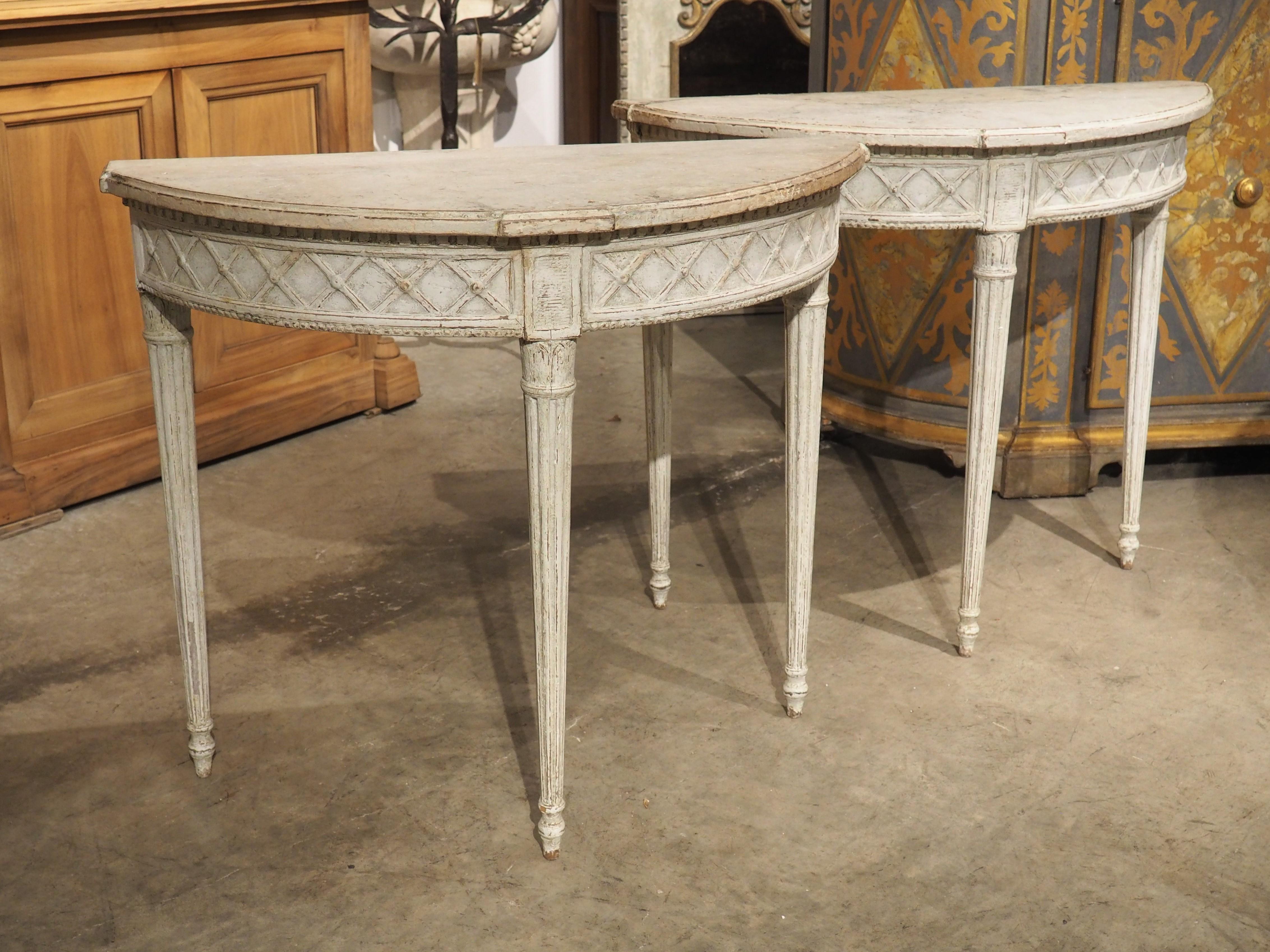 Pair of Antique French Carved and Painted Louis XVI Demi-Lune Tables, Circa 1880 11
