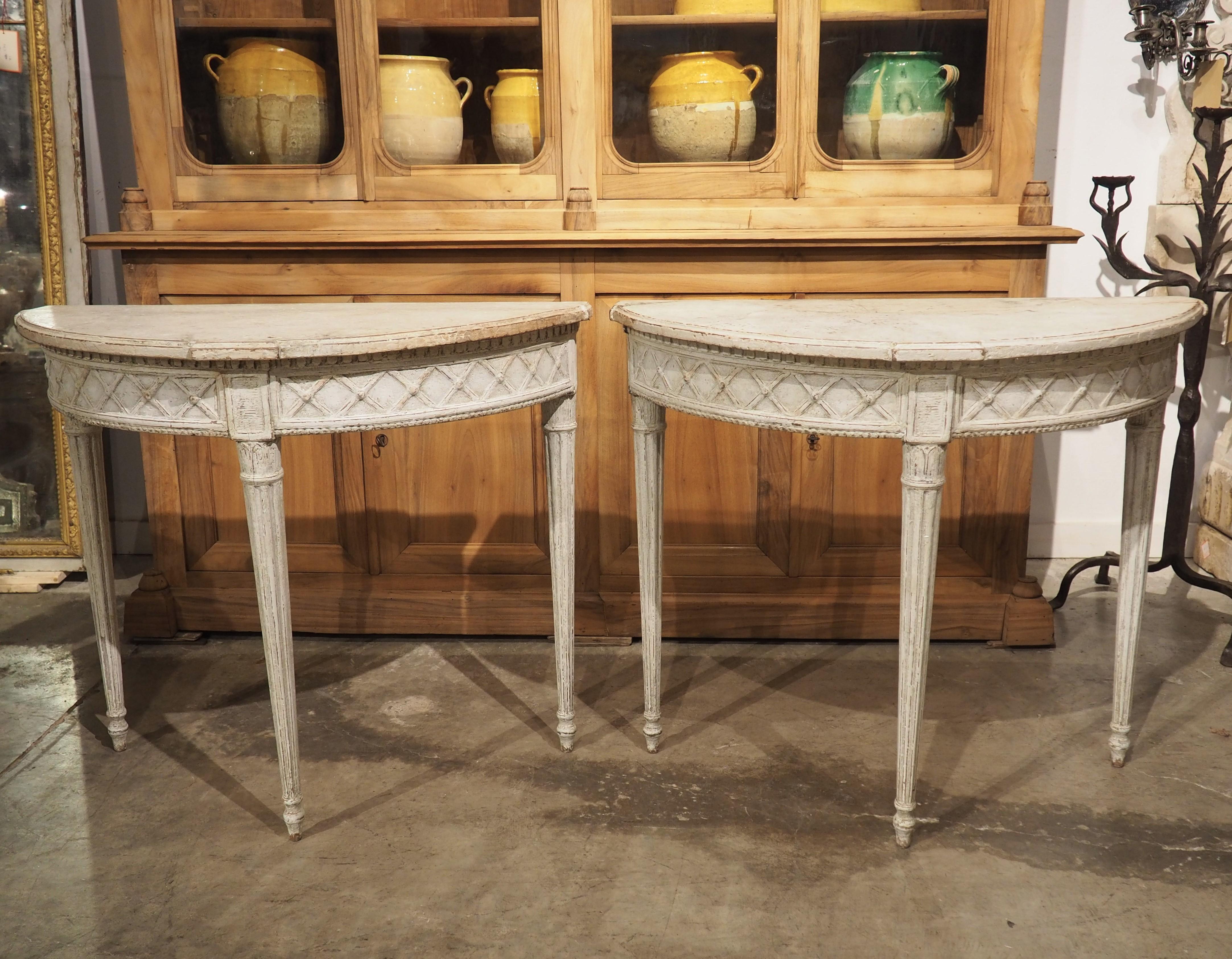 Pair of Antique French Carved and Painted Louis XVI Demi-Lune Tables, Circa 1880 14