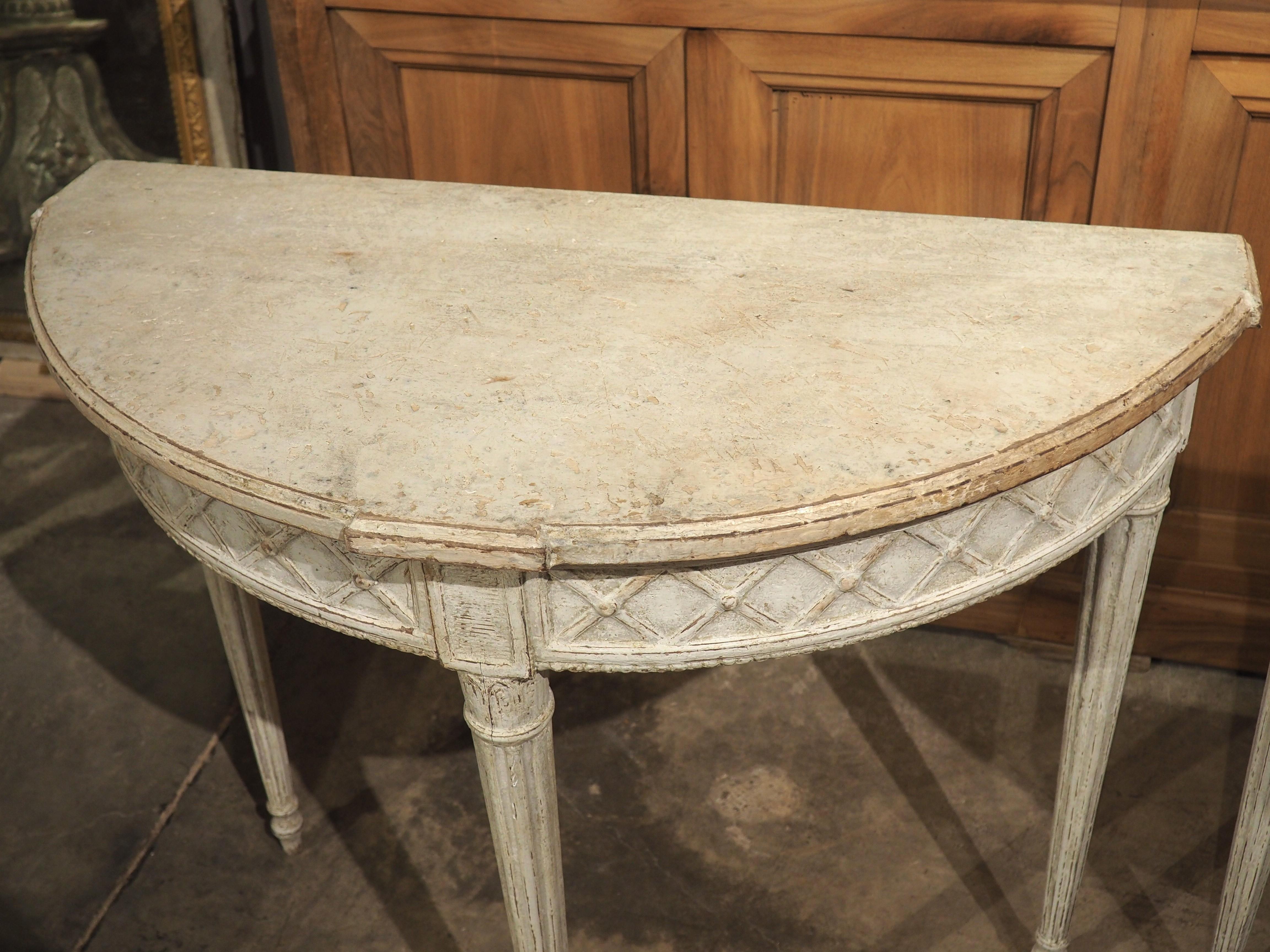 Pair of Antique French Carved and Painted Louis XVI Demi-Lune Tables, Circa 1880 In Good Condition In Dallas, TX