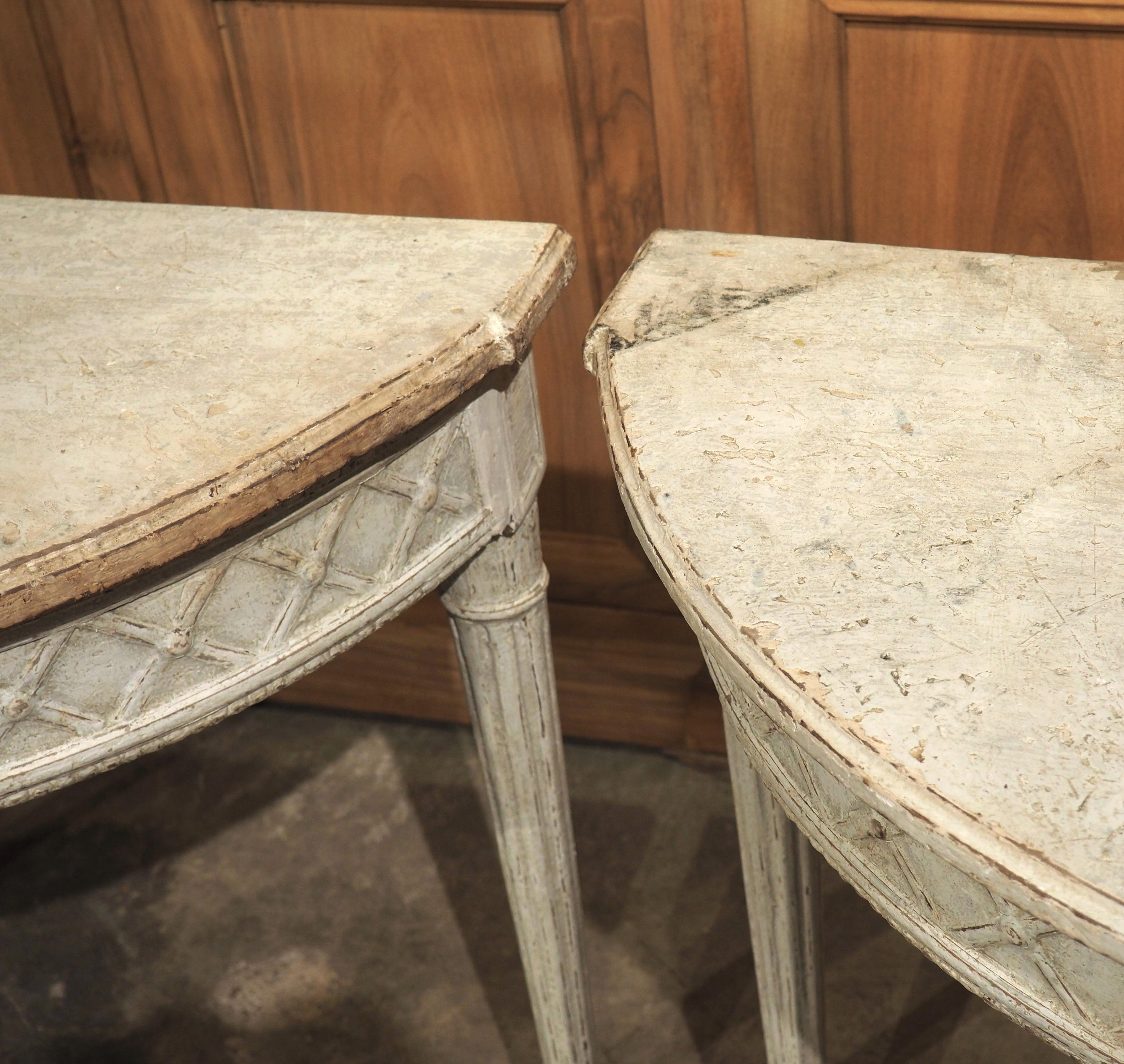 Pair of Antique French Carved and Painted Louis XVI Demi-Lune Tables, Circa 1880 3