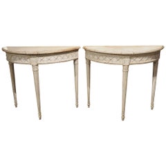 Pair of Antique French Carved and Painted Louis XVI Demi-Lune Tables, Circa 1880