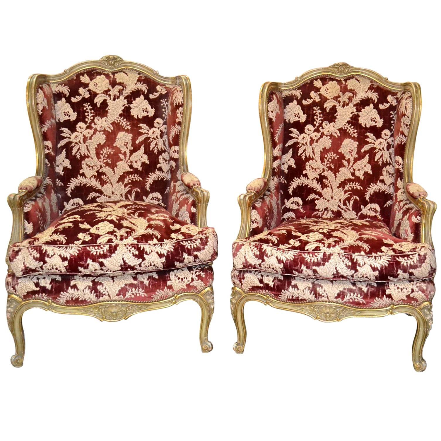 Pair of Antique French Carved and Upholstered Bergeres