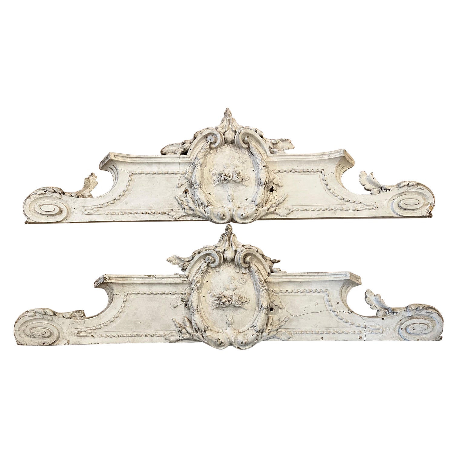 Pair of Antique French Carved Architectural Wood Pediment Fragments/Remnants
