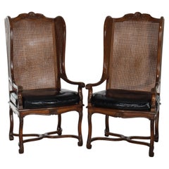 Pair Of Antique French Carved Mahogany & Cane Tall Wing Back Chairs c1930