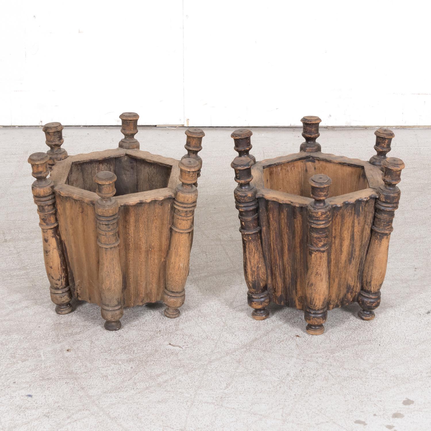 Pair of Antique French Carved Oak Hexagonal Planters or Jardinieres For Sale 8