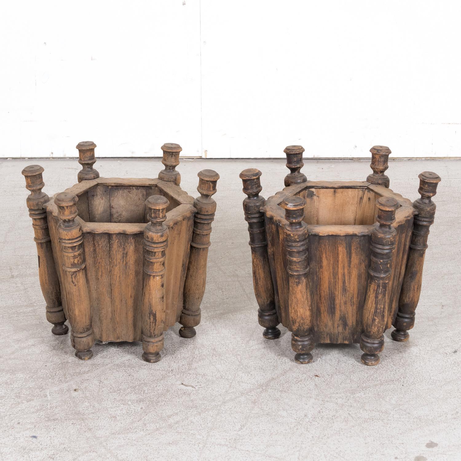 Pair of Antique French Carved Oak Hexagonal Planters or Jardinieres For Sale 9