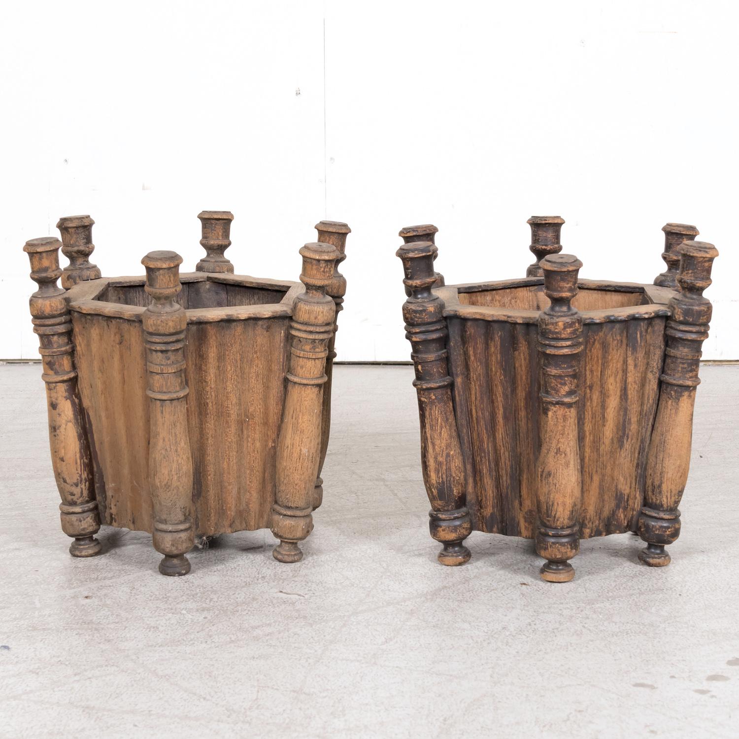 Hand-Carved Pair of Antique French Carved Oak Hexagonal Planters or Jardinieres For Sale