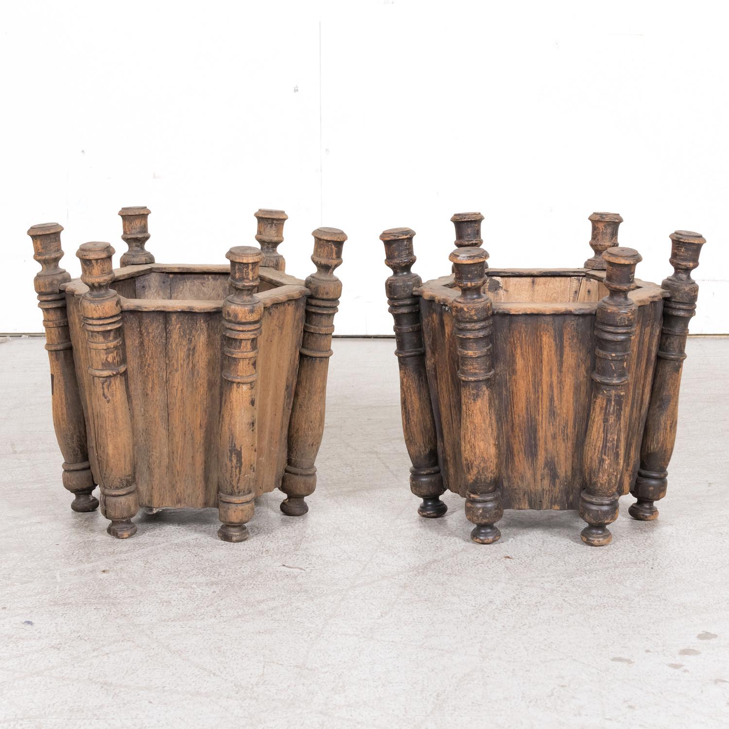 Pair of Antique French Carved Oak Hexagonal Planters or Jardinieres In Good Condition For Sale In Birmingham, AL