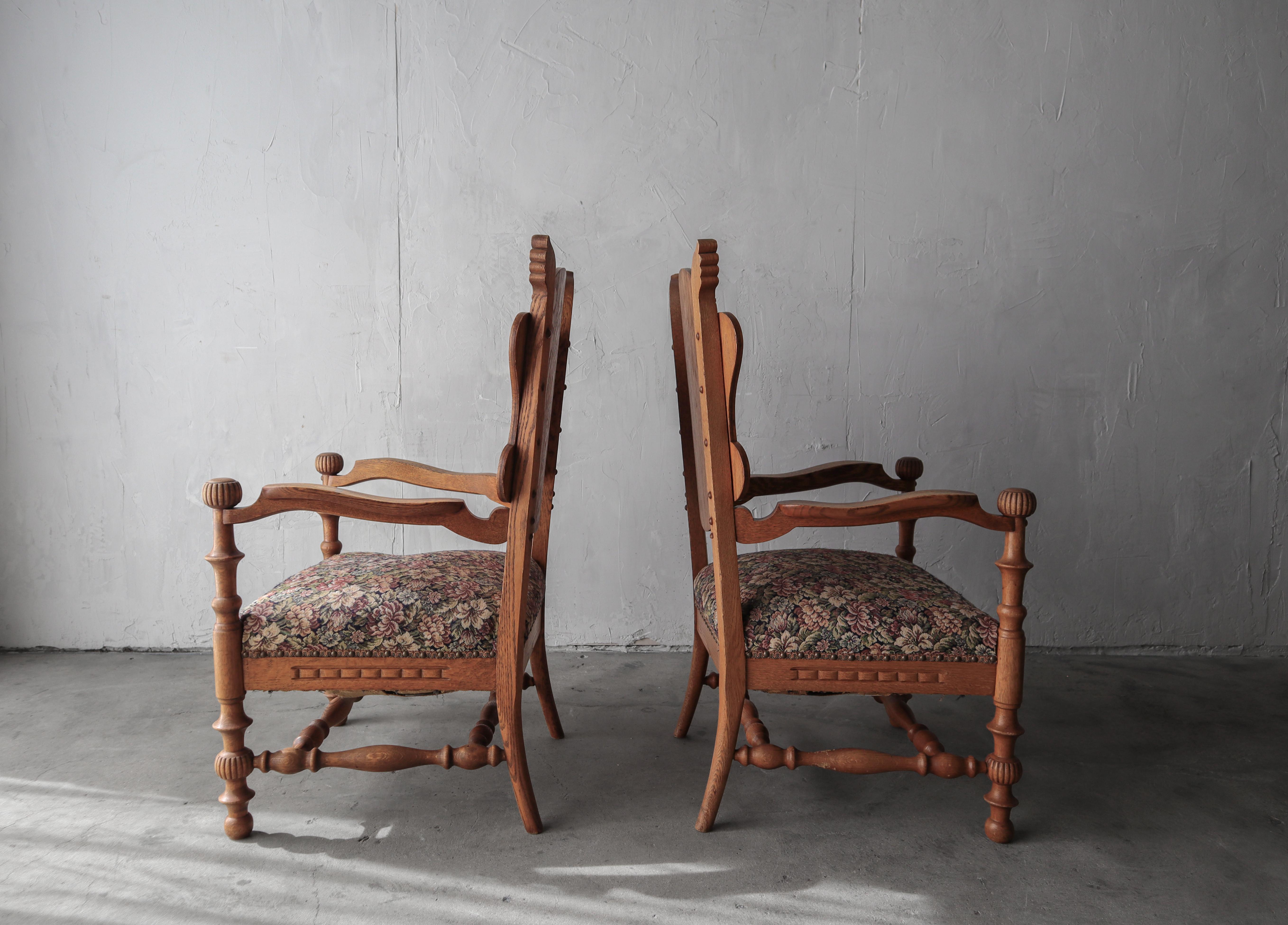 Pair of Antique French Carved Oak Lounge Chairs  For Sale 2