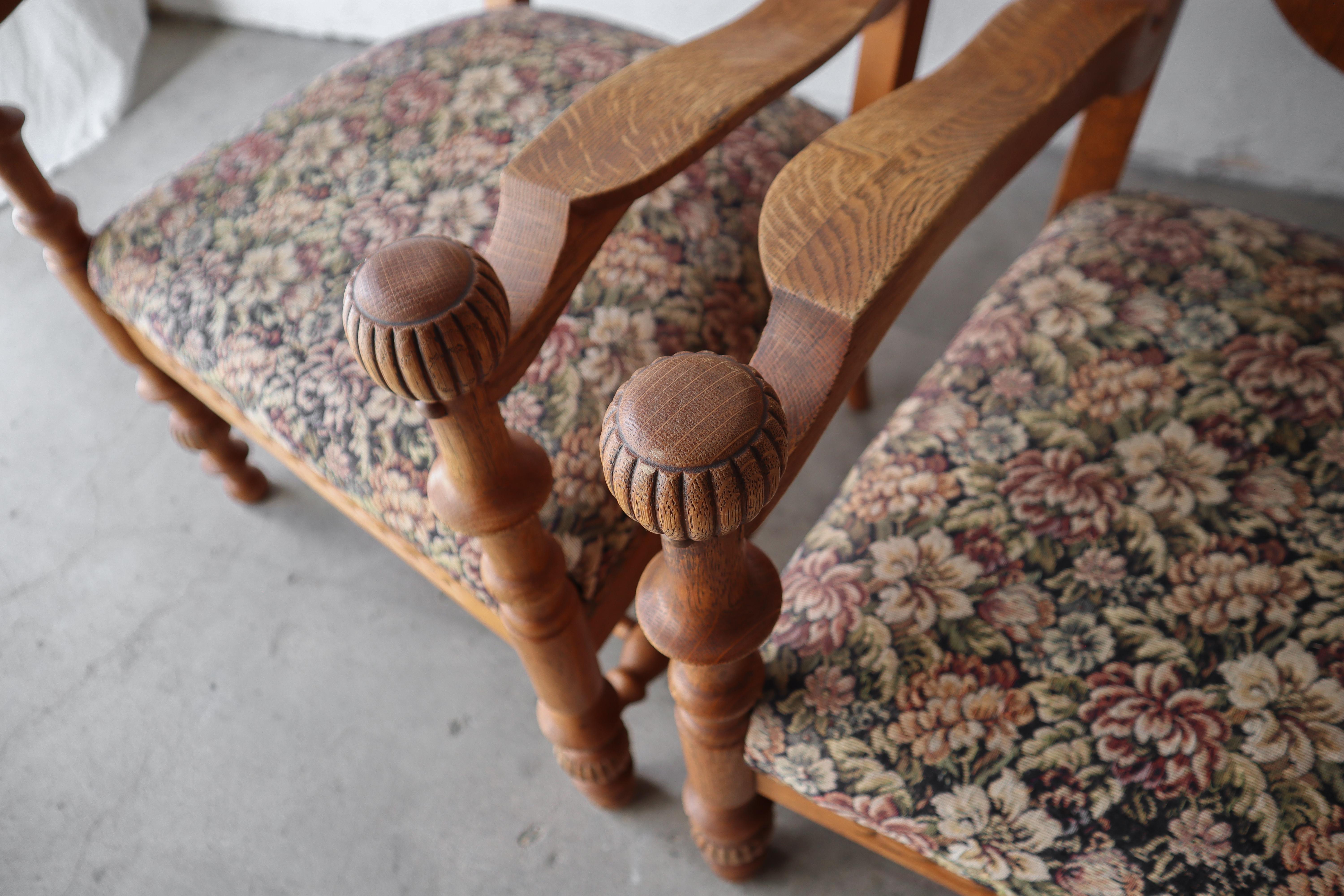 Pair of Antique French Carved Oak Lounge Chairs  For Sale 3