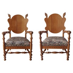 Pair of Used French Carved Oak Lounge Chairs 