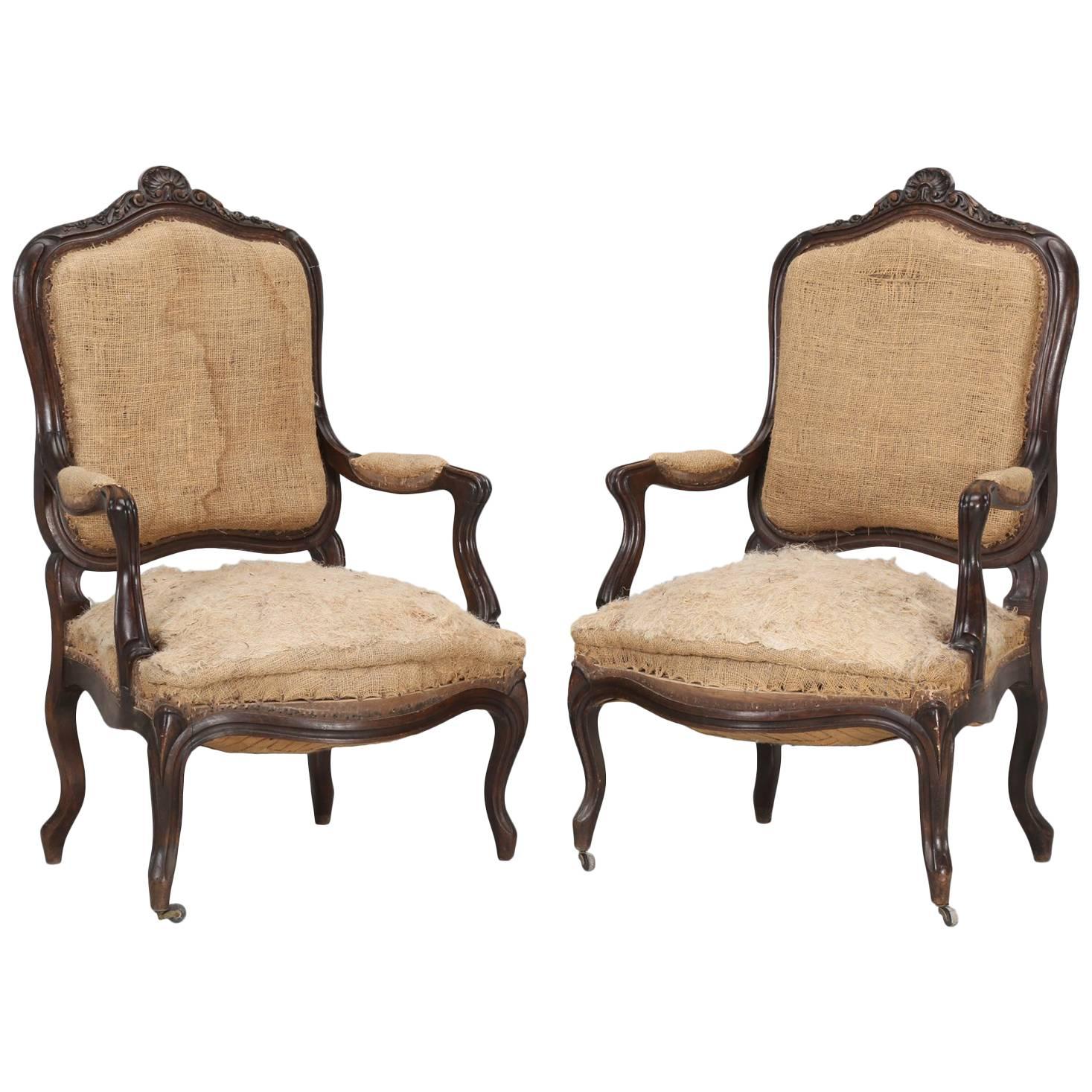 Pair of Antique French Carved Parlor or Living Room Armchairs For Sale