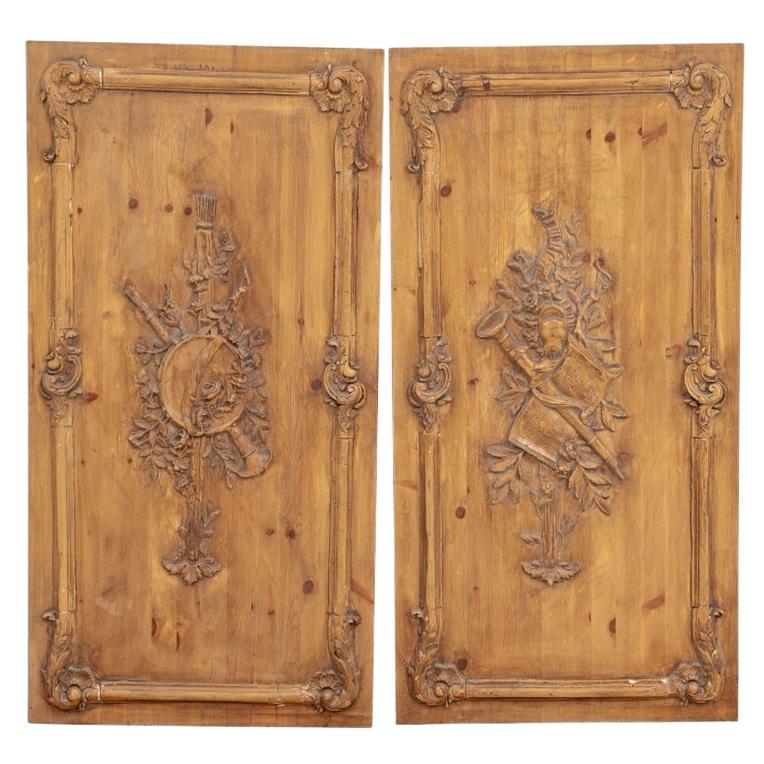 Pair of Antique French Carved Pine Panels For Sale