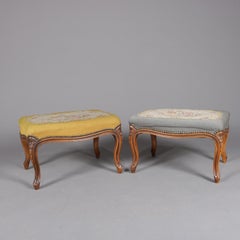 Pair of Antique French Carved Walnut & Needlepoint Tapestry Foot Stools