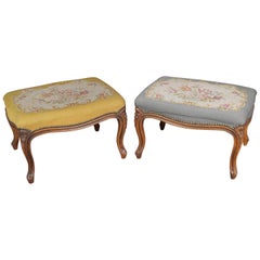 Pair of Antique French Carved Walnut & Needlepoint Tapestry Foot Stools