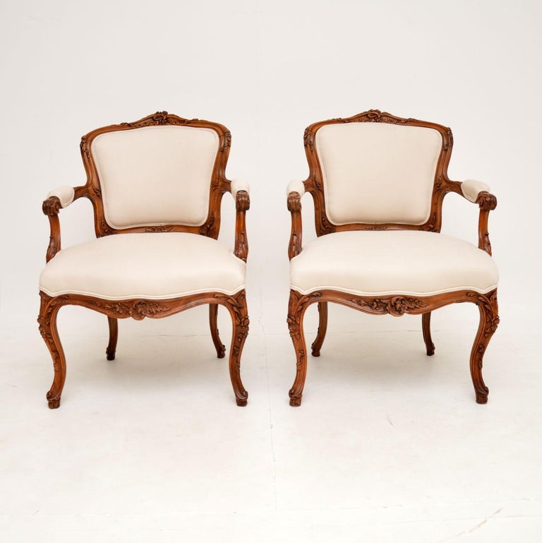 Pair of Antique French Carved Walnut Salon Chairs For Sale at 1stDibs
