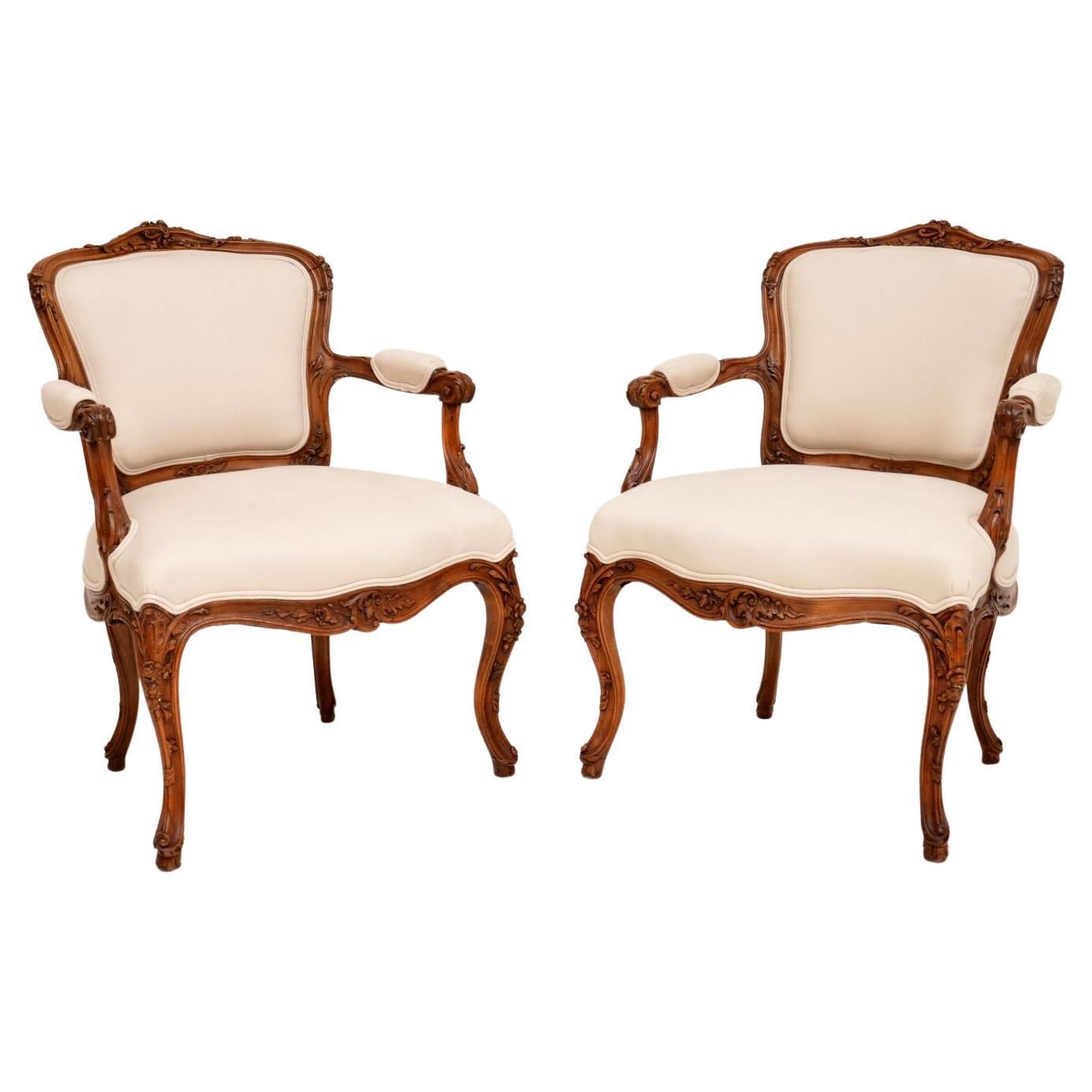 Pair of Antique French Carved Walnut Salon Chairs