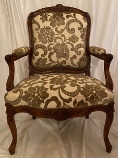 Pair of Antique French Carved Walnut Upholstered Armchairs, circa 1860