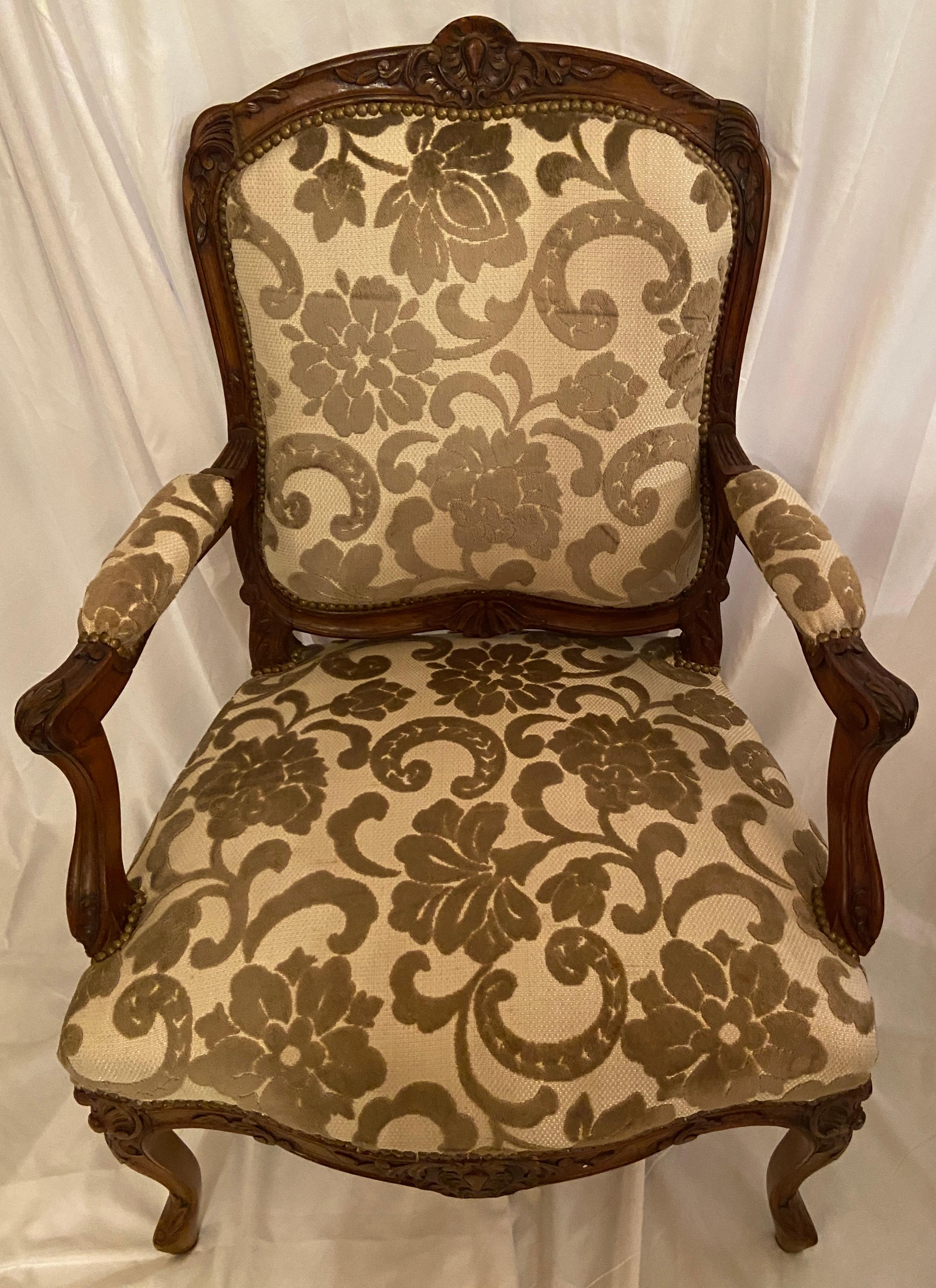 Pair of Antique French Carved Walnut Upholstered Armchairs, circa 1860 In Good Condition For Sale In New Orleans, LA