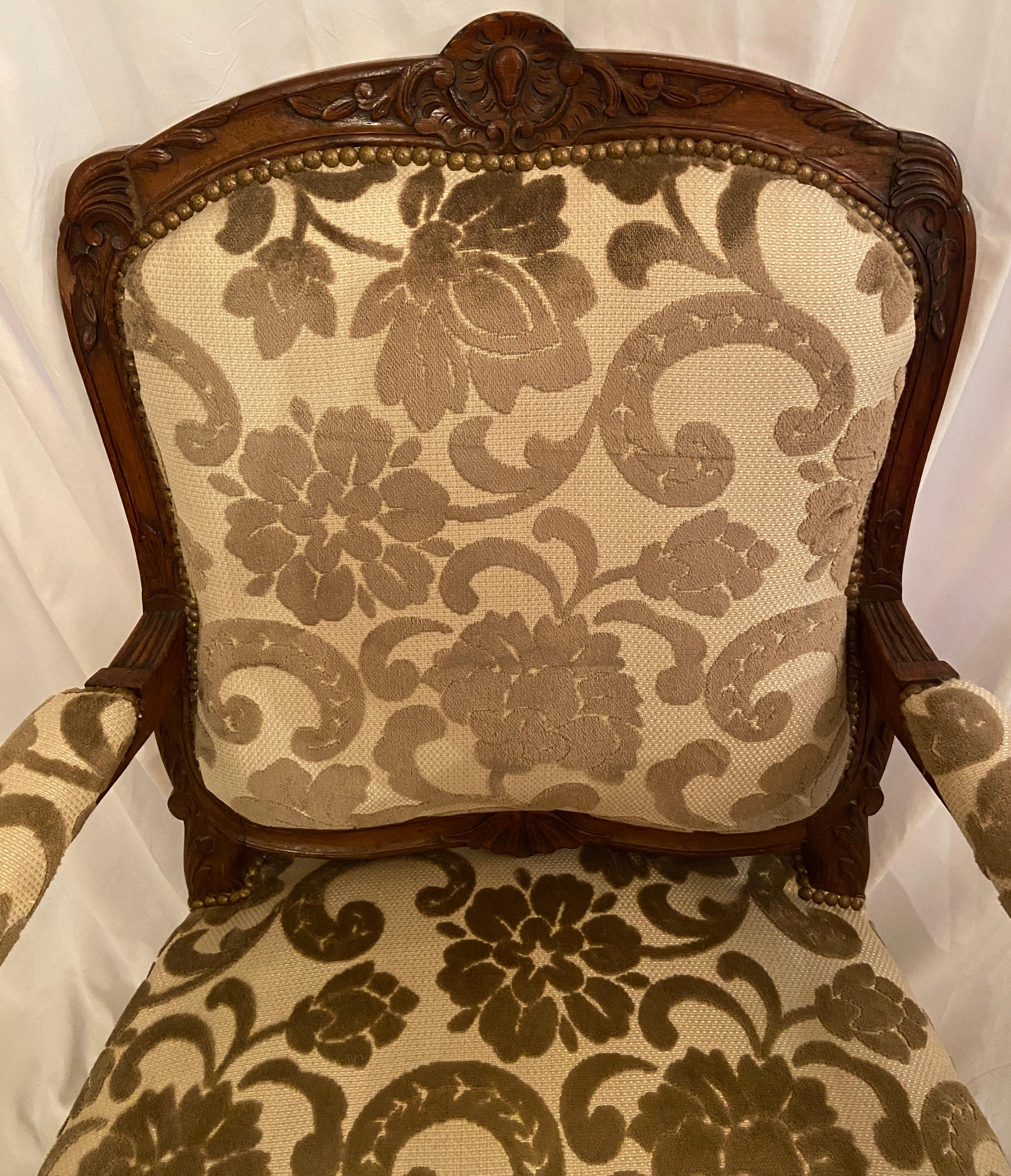 19th Century Pair of Antique French Carved Walnut Upholstered Armchairs, circa 1860 For Sale