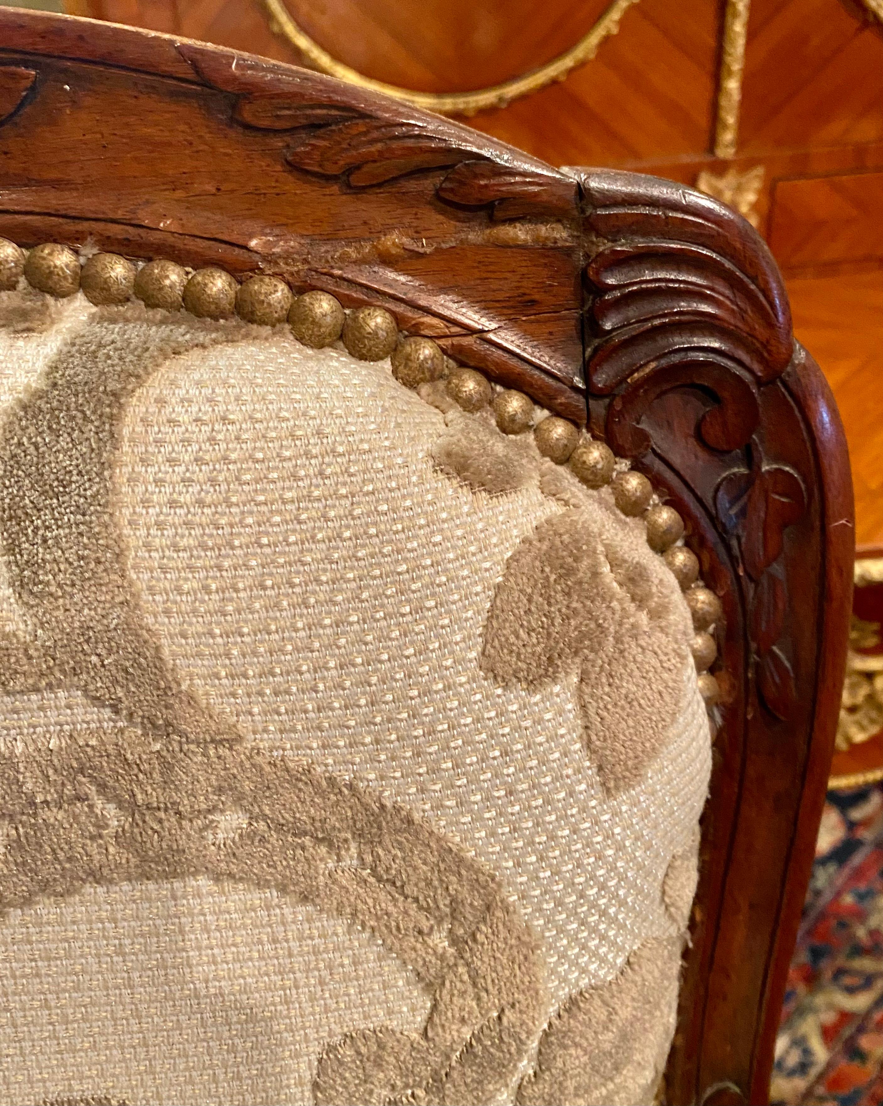Pair of Antique French Carved Walnut Upholstered Armchairs, circa 1860 For Sale 1