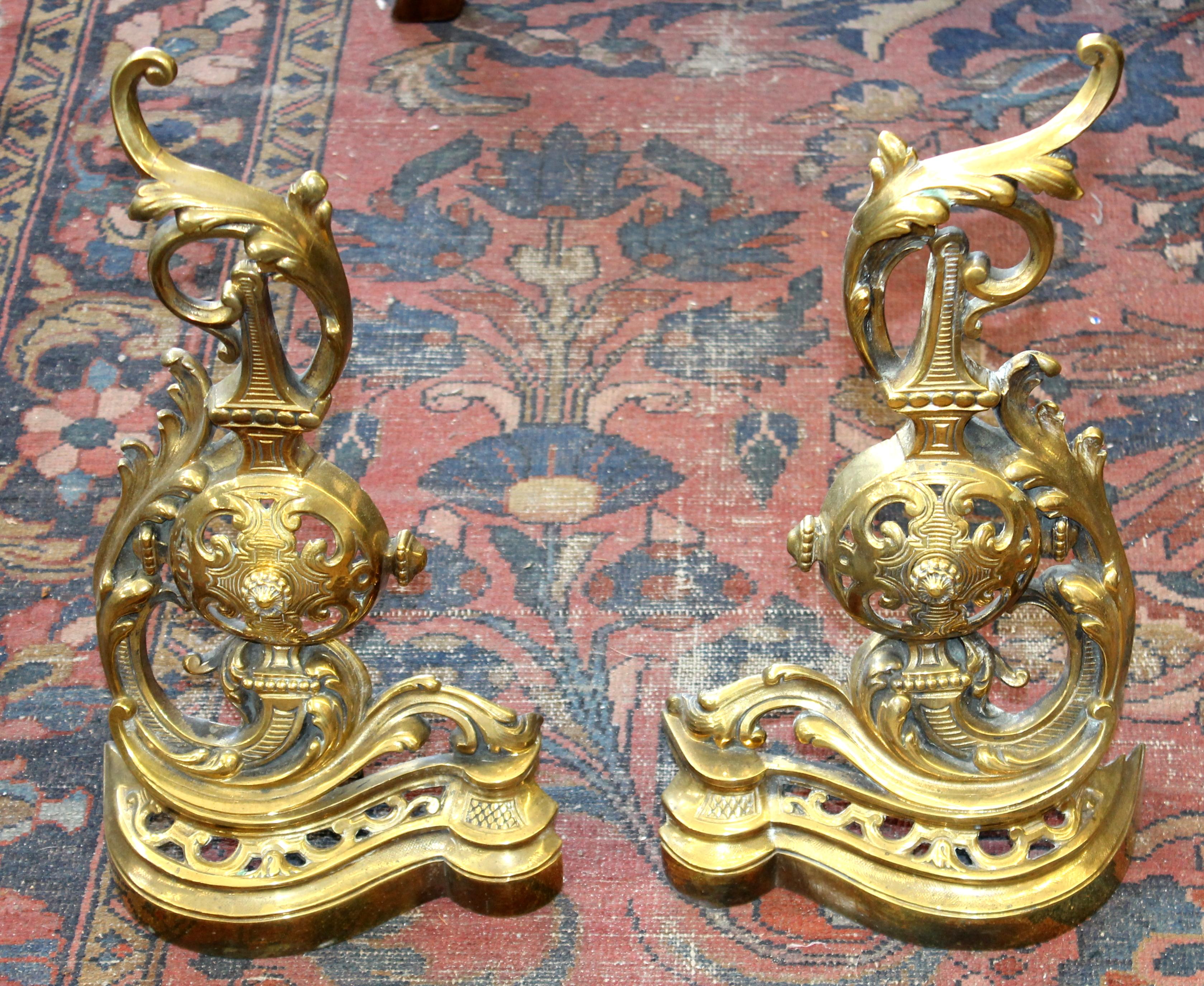 Pair of Antique French Cast Brass Rococo Style Chenet or Andirons In Good Condition For Sale In Charleston, SC