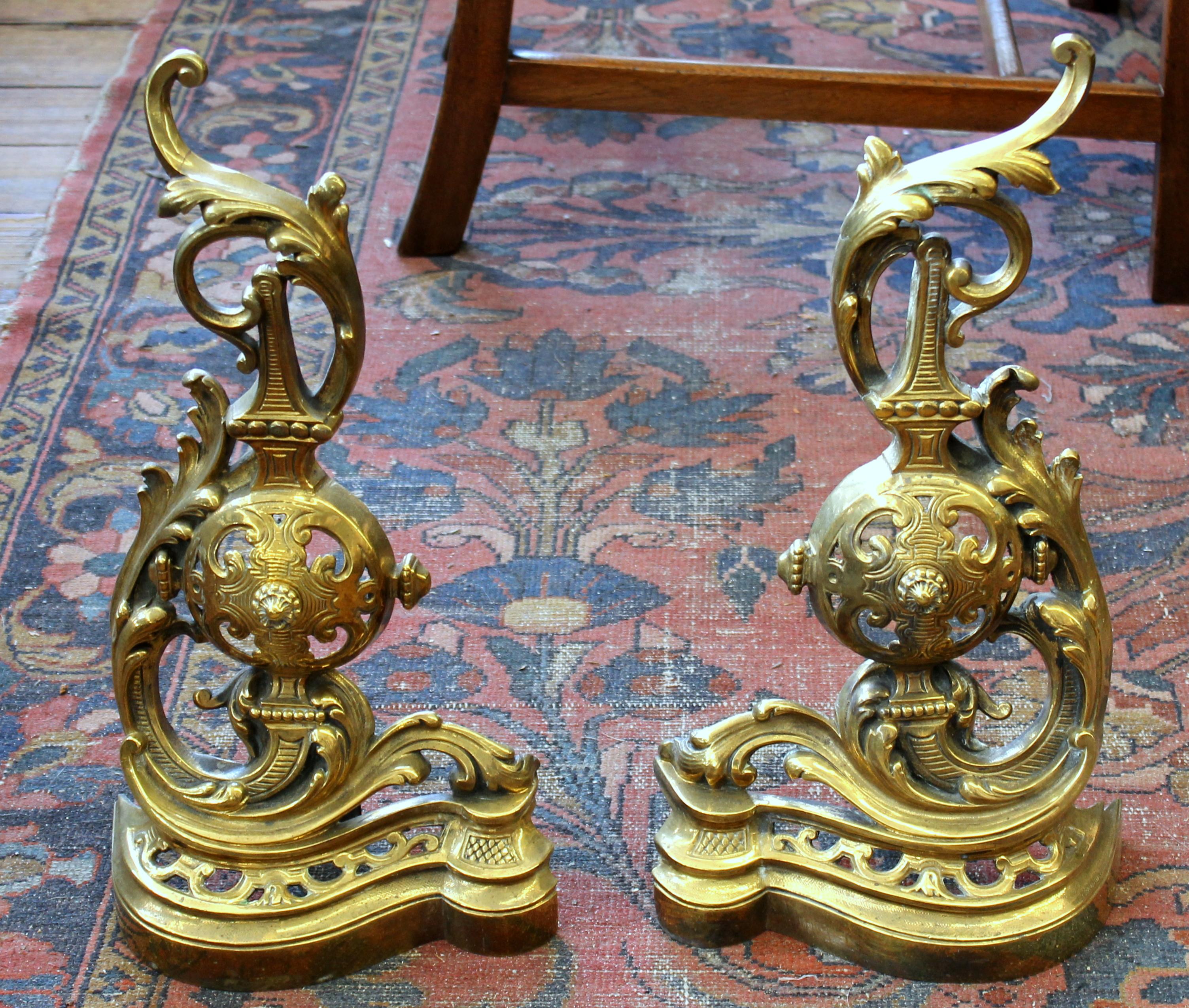 19th Century Pair of Antique French Cast Brass Rococo Style Chenet or Andirons For Sale