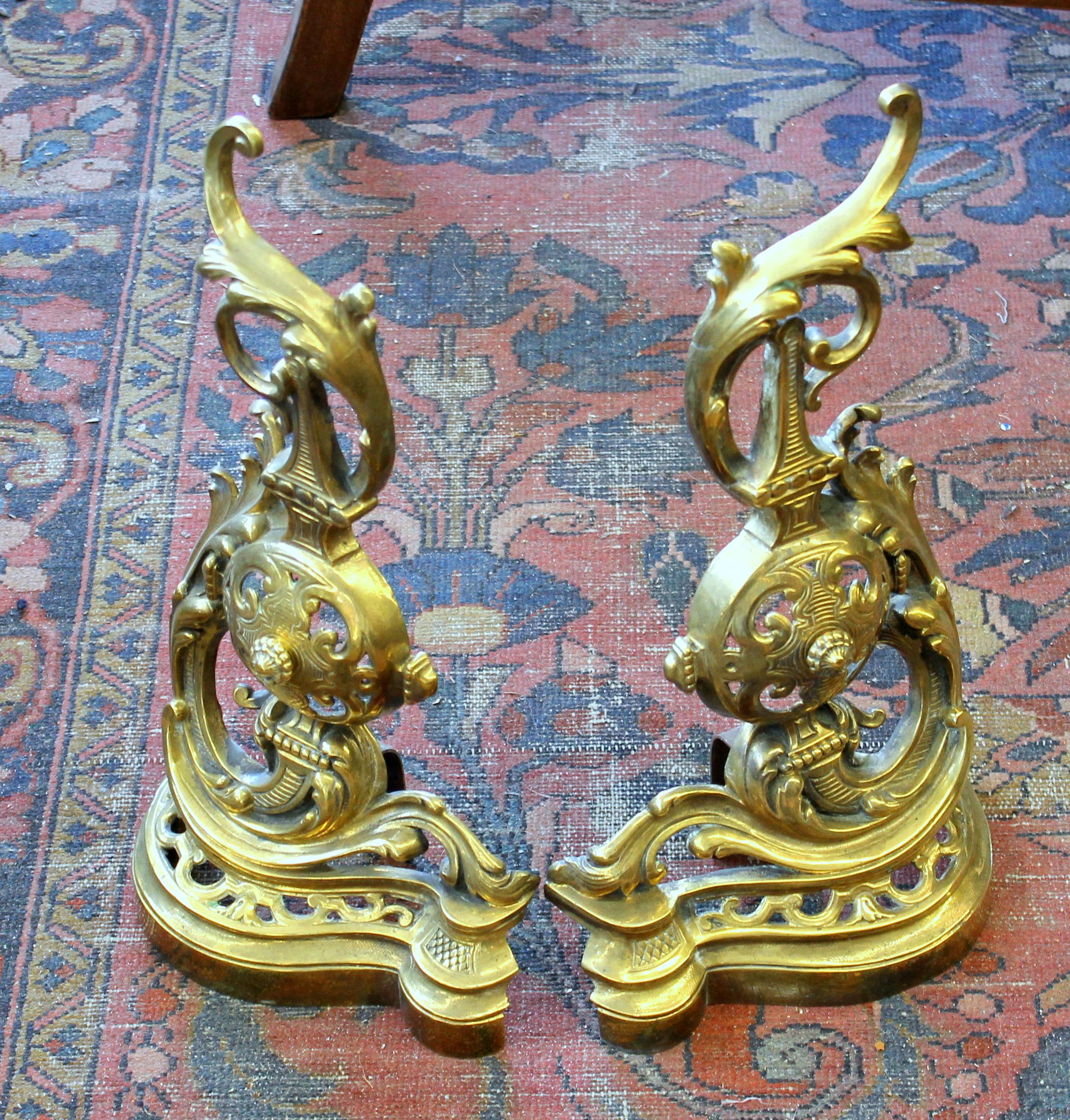 Pair of Antique French Cast Brass Rococo Style Chenet or Andirons For Sale 1