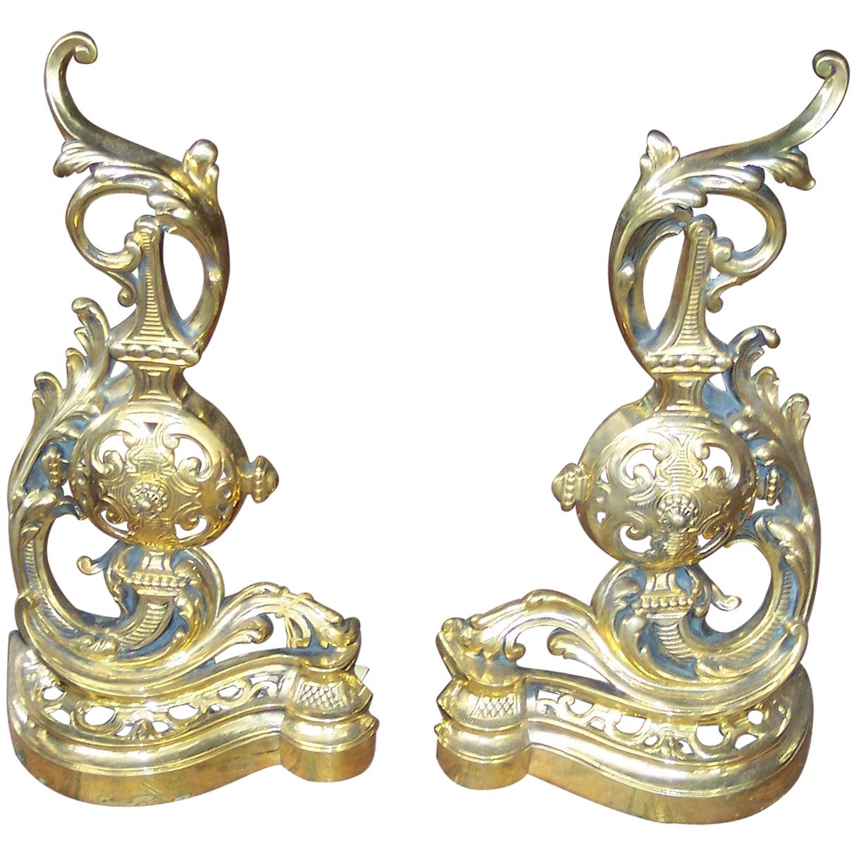 Pair of Antique French Cast Brass Rococo Style Chenet or Andirons For Sale
