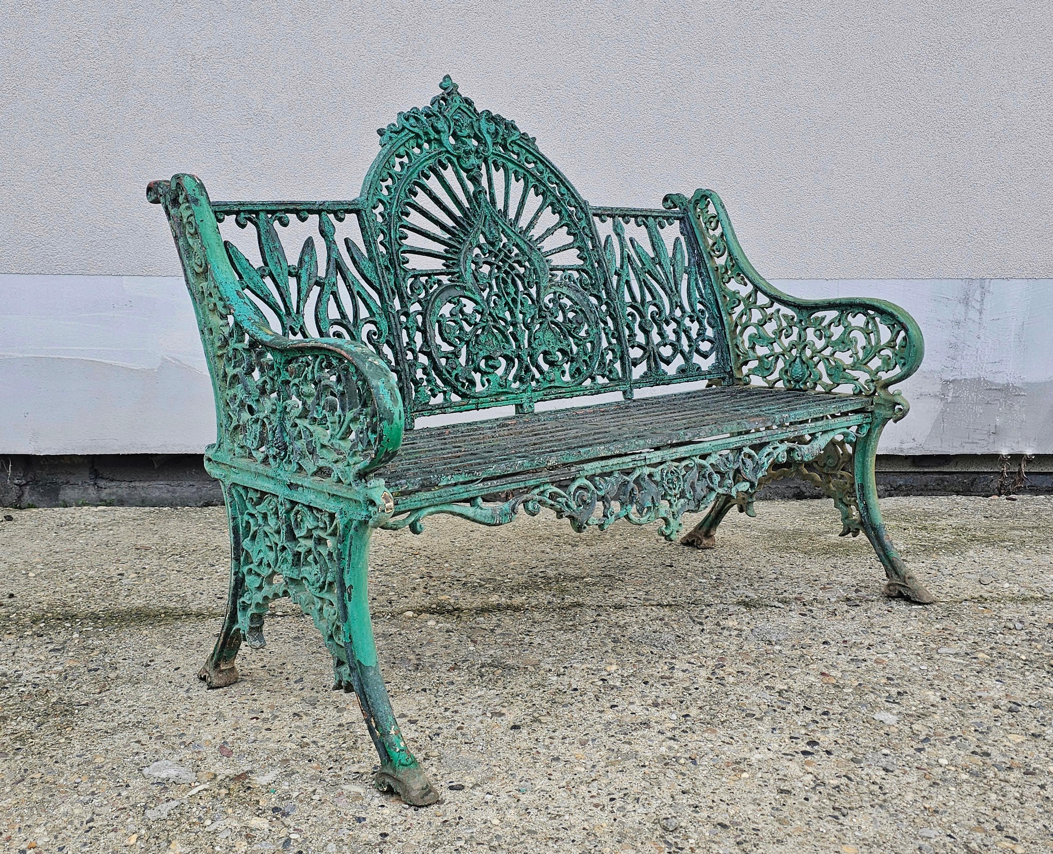 Art Nouveau Pair of Antique French Cast Iron Garden Benches painted green, 19th Century