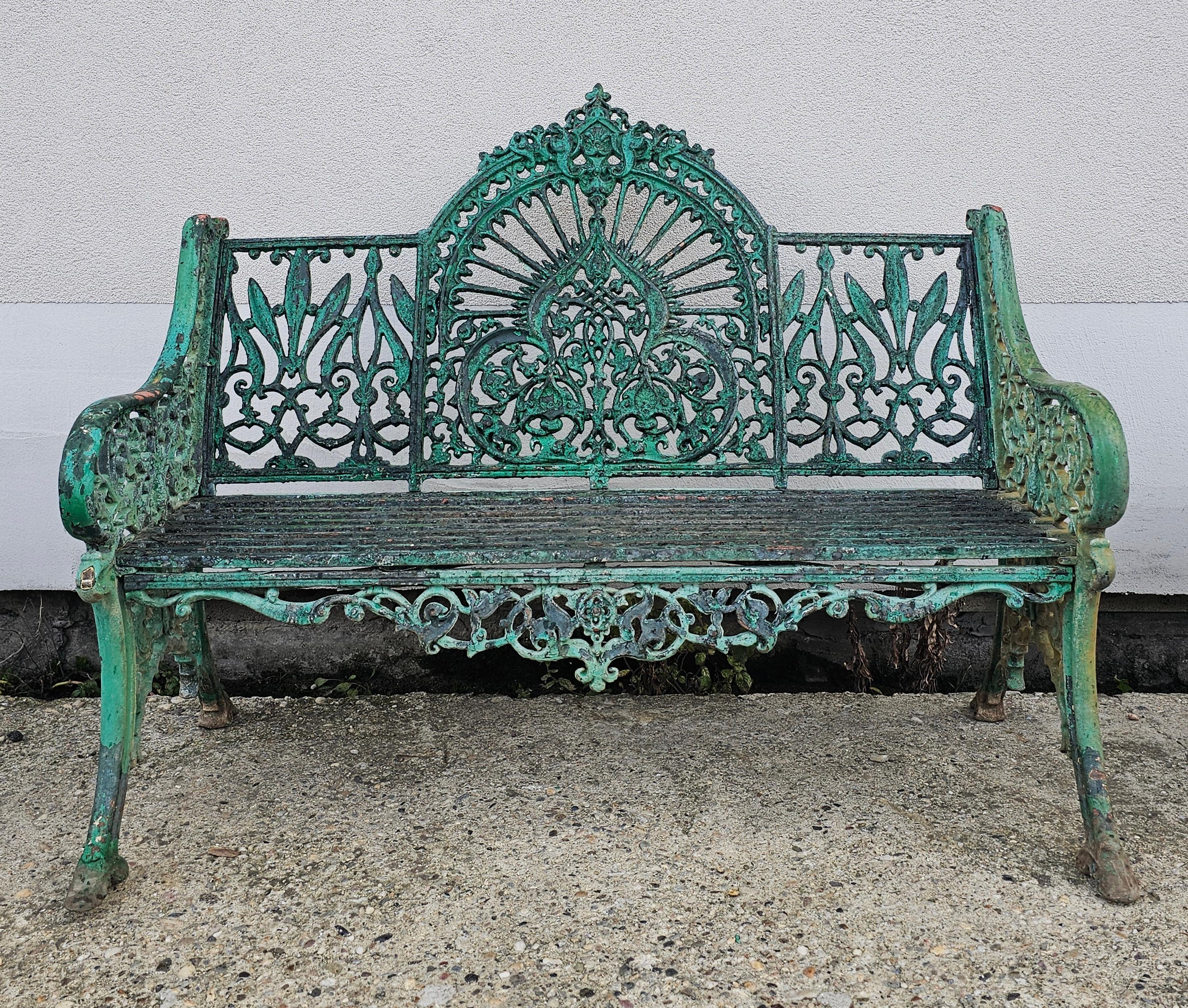 Pair of Antique French Cast Iron Garden Benches painted green, 19th Century 1