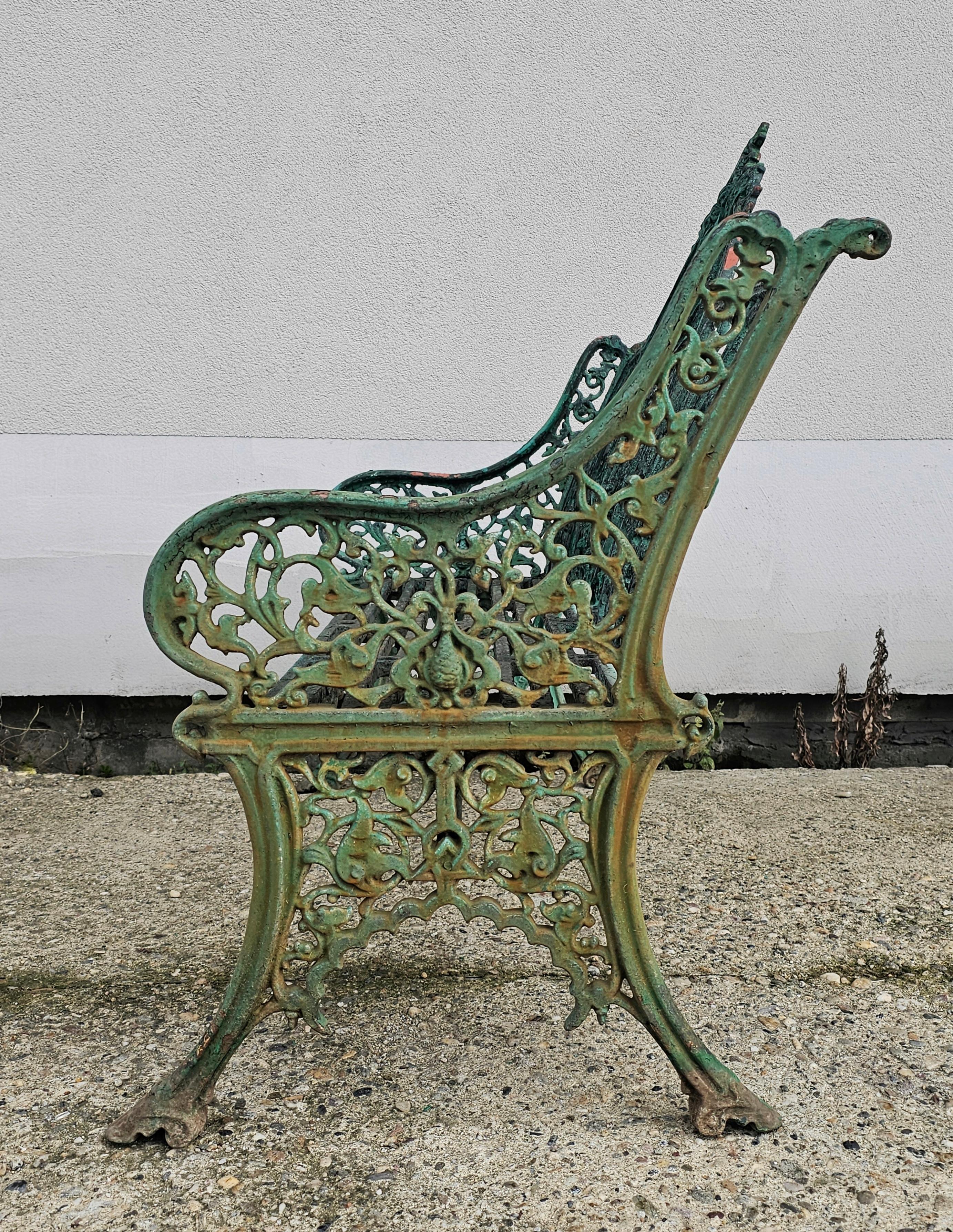 Pair of Antique French Cast Iron Garden Benches painted green, 19th Century 2