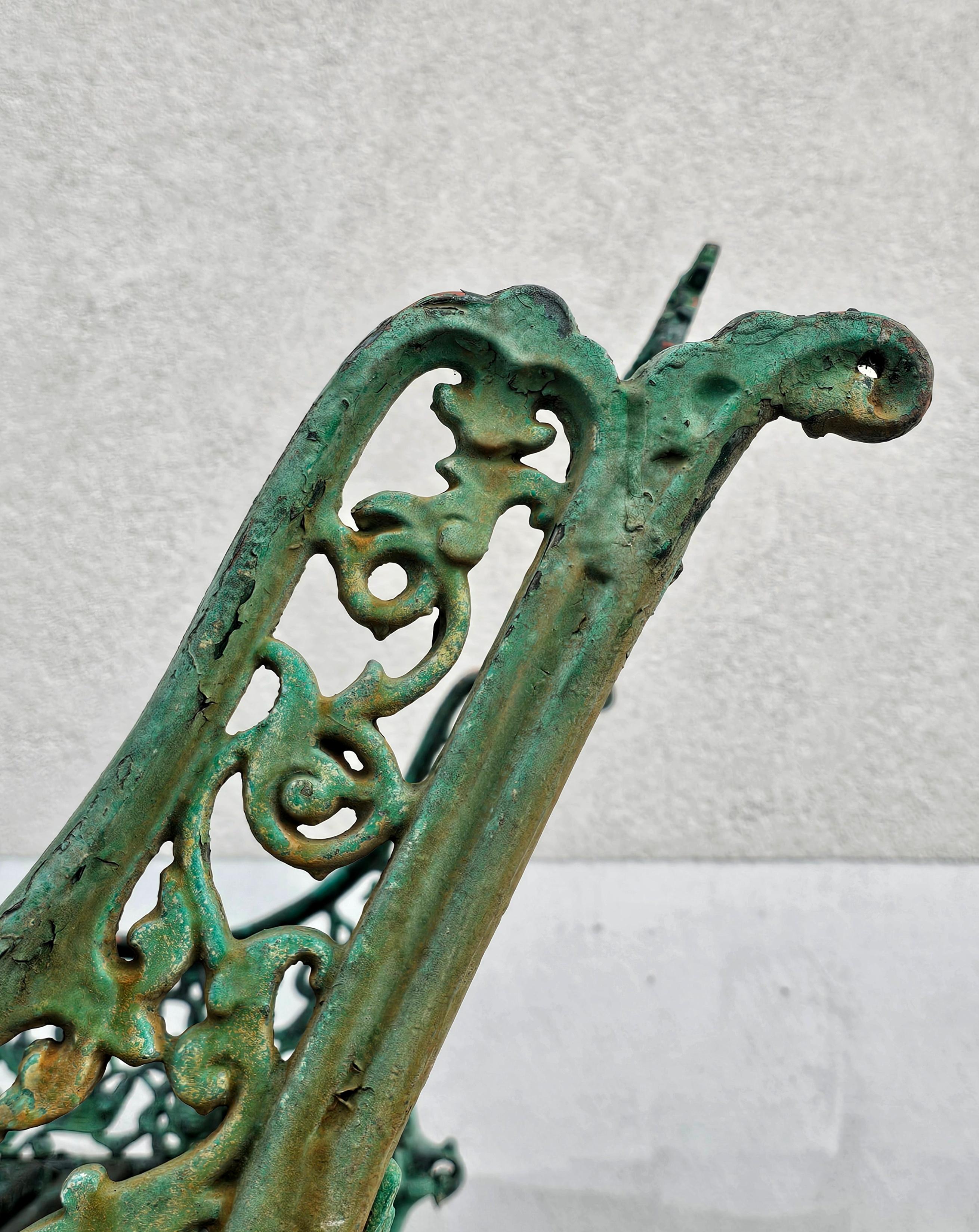 Pair of Antique French Cast Iron Garden Benches painted green, 19th Century 3