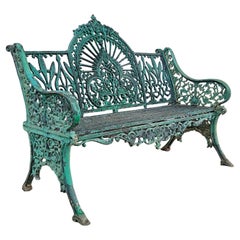 Pair of Antique French Cast Iron Garden Benches painted green, 19th Century