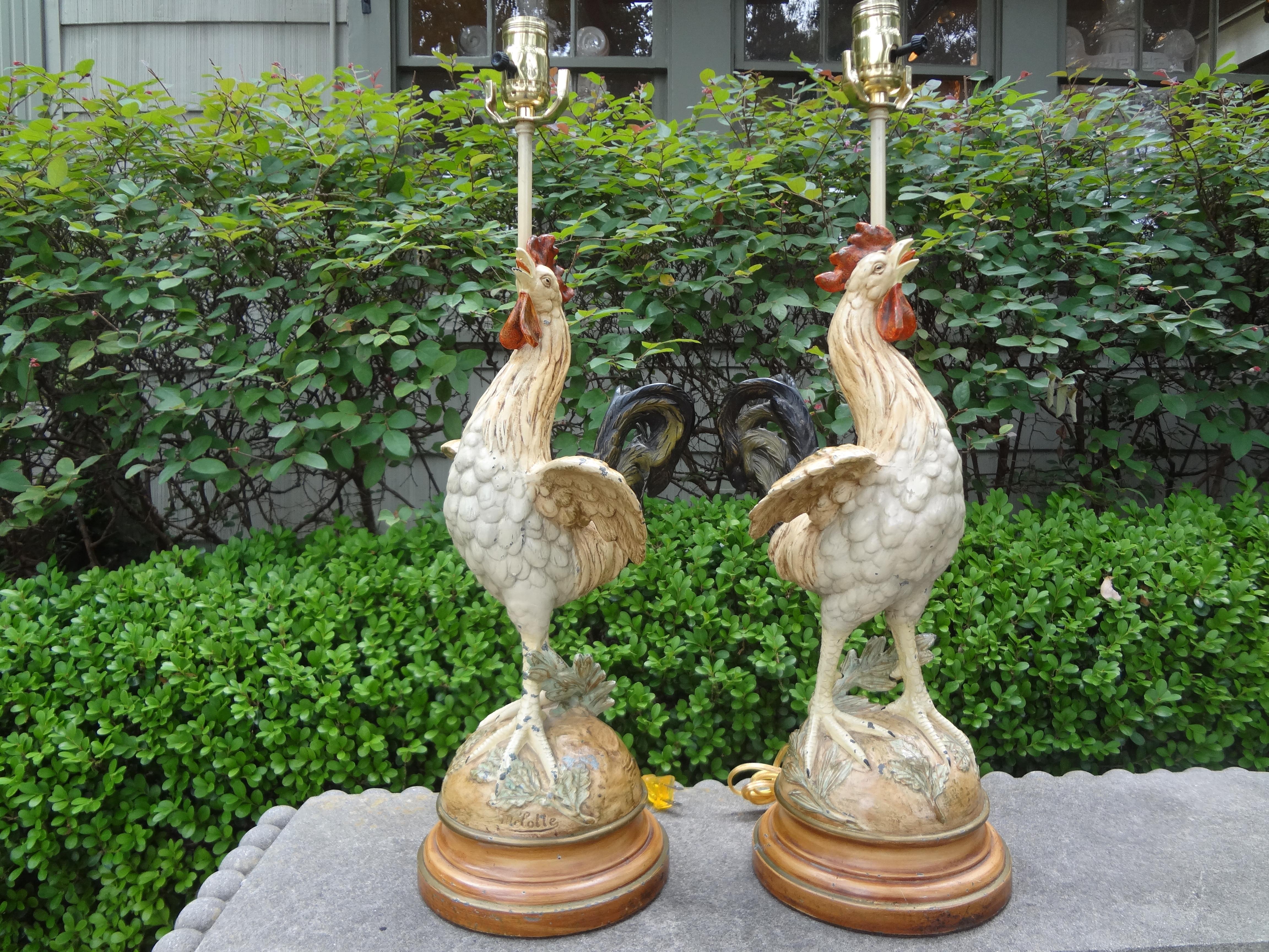 Pair of Antique French Cast Iron Rooster Lamps For Sale 4