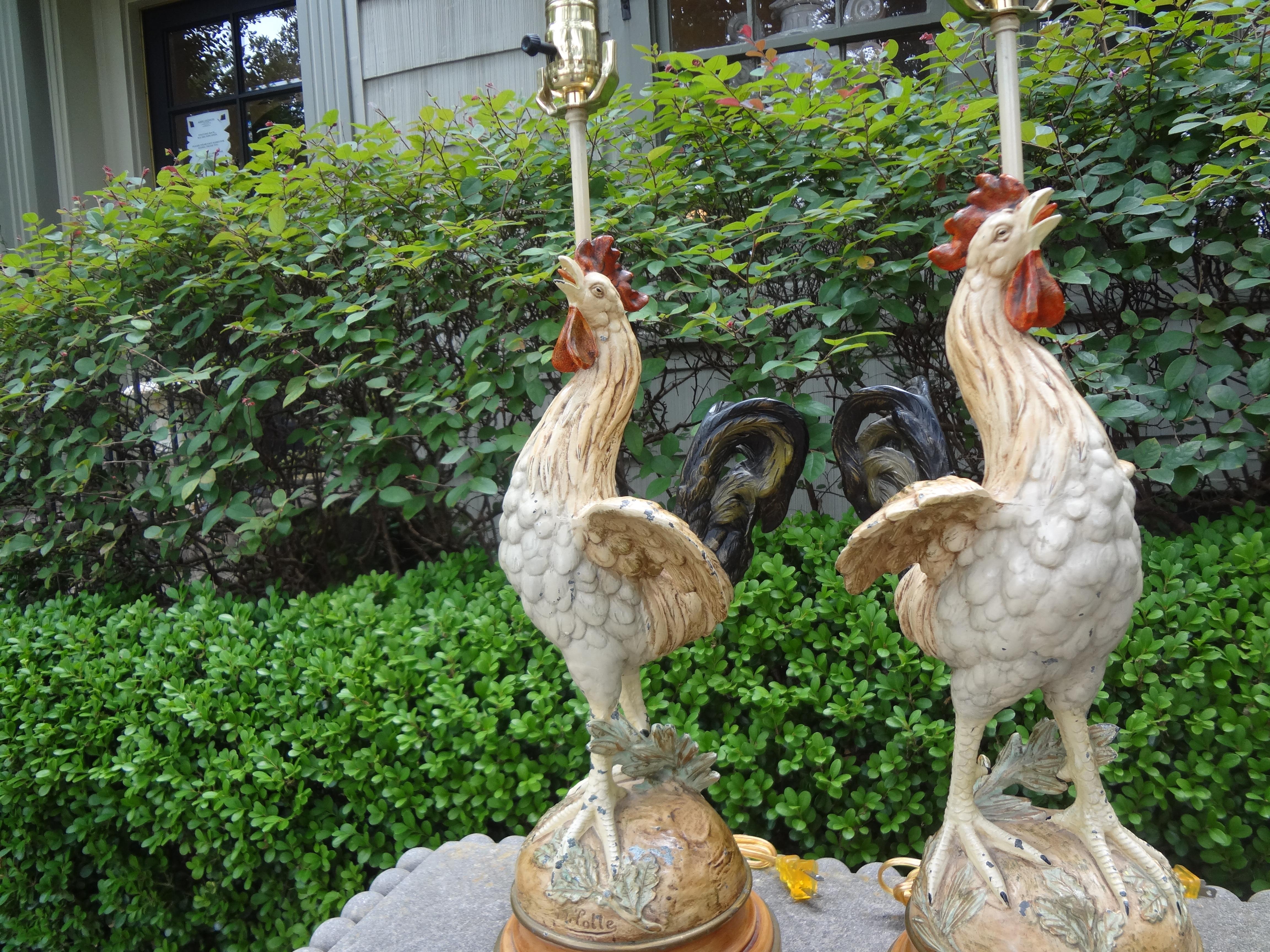 Pair of Antique French Cast Iron Rooster Lamps In Good Condition For Sale In Houston, TX