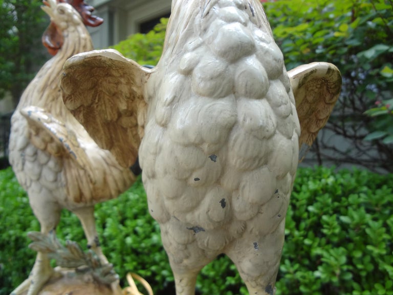 Pair of Antique French Cast Iron Rooster Lamps For Sale at 1stDibs