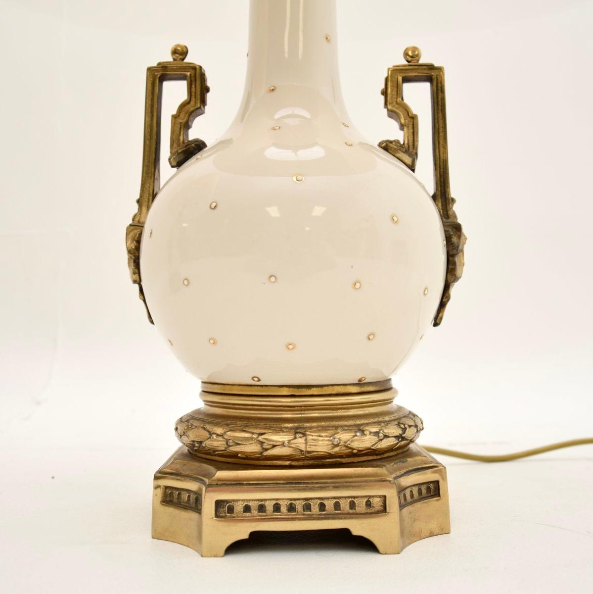 Pair of Antique French Ceramic and Gilt Metal Table Lamps For Sale 5