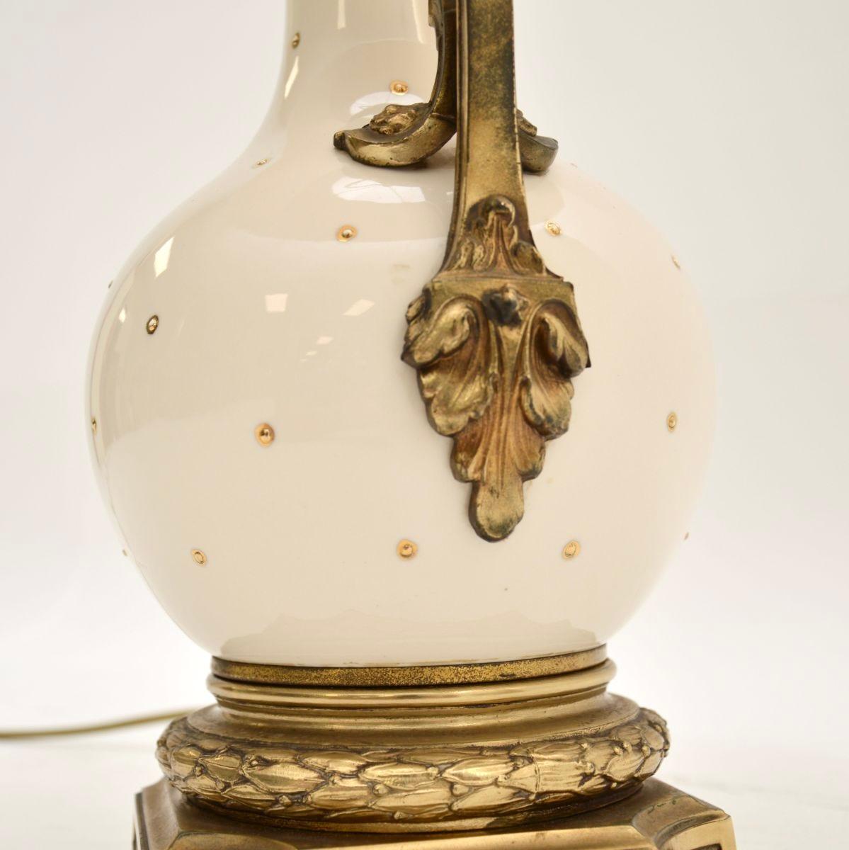 Pair of Antique French Ceramic and Gilt Metal Table Lamps For Sale 6