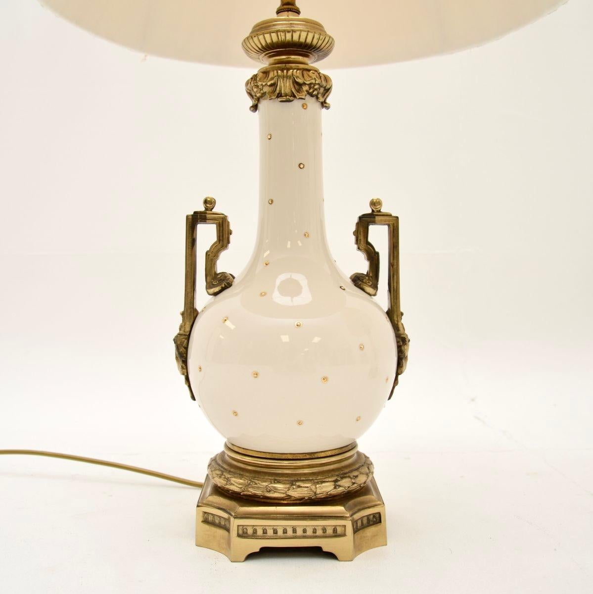 Pair of Antique French Ceramic and Gilt Metal Table Lamps For Sale 2