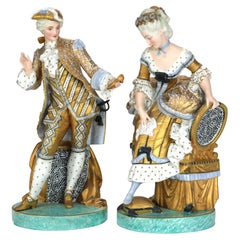 Pair of Antique French Chelsea Polychromed Porcelain Bisque Figures C1920