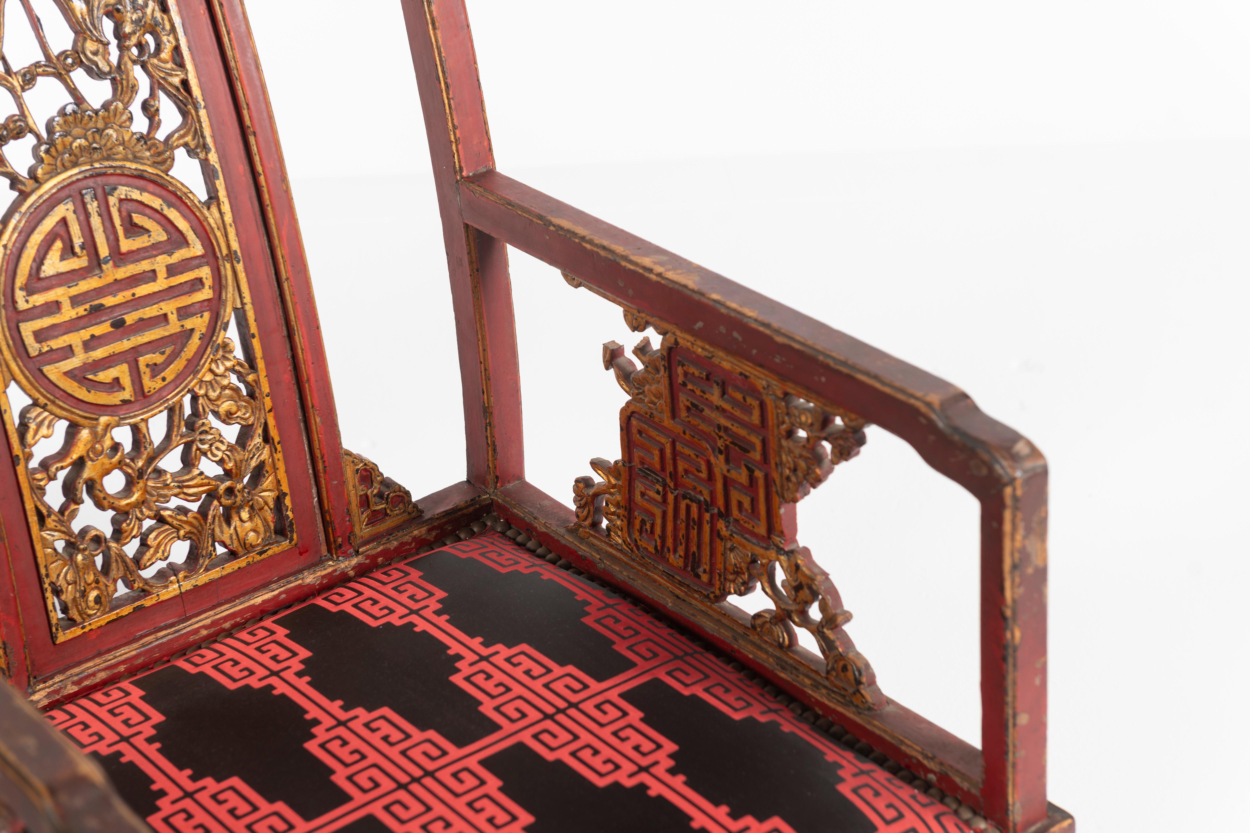 Pair of Antique French Chinoiserie Armchairs, Red and Gold Lacquer, 19th Century For Sale 5