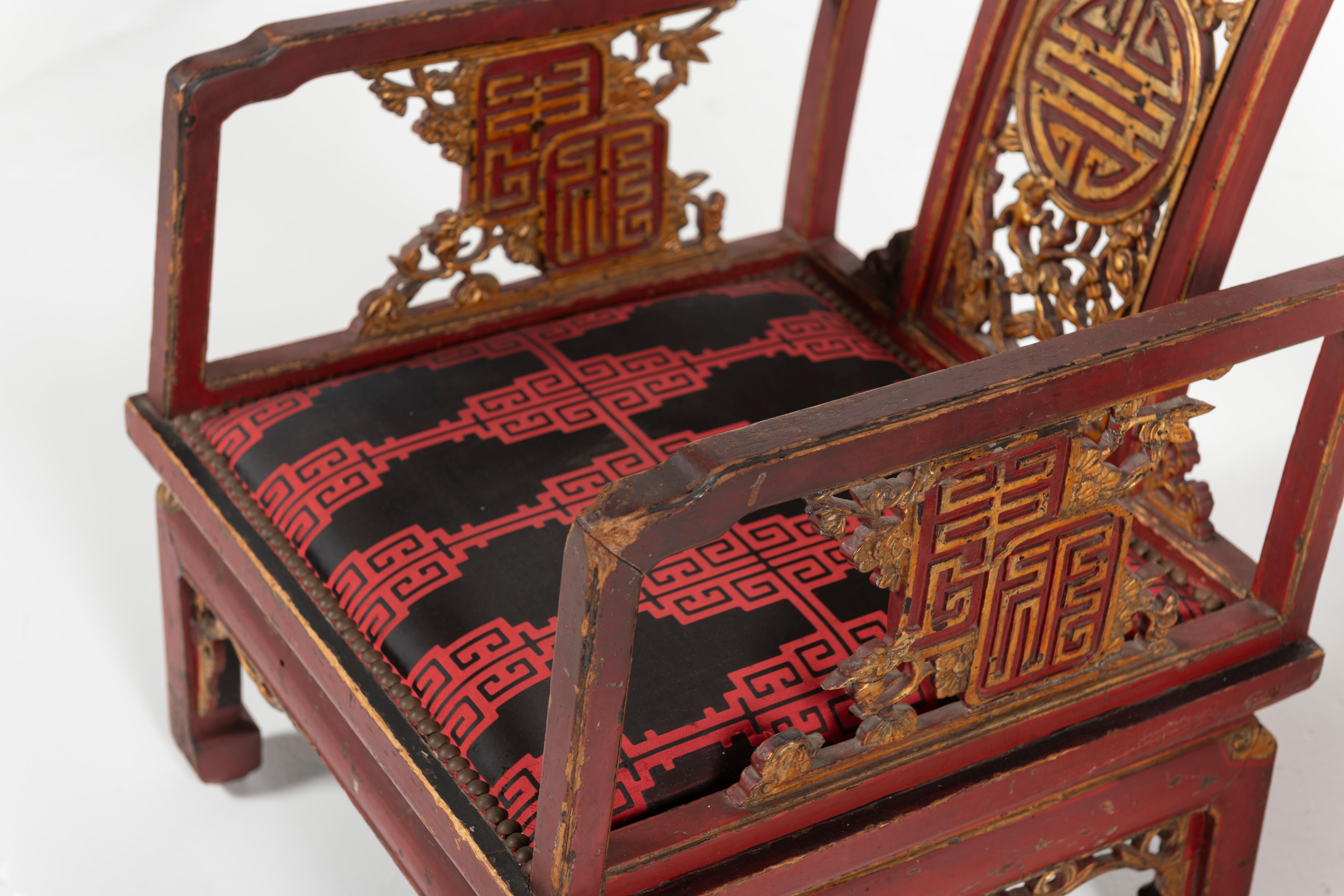 Pair of Antique French Chinoiserie Armchairs, Red and Gold Lacquer, 19th Century For Sale 6