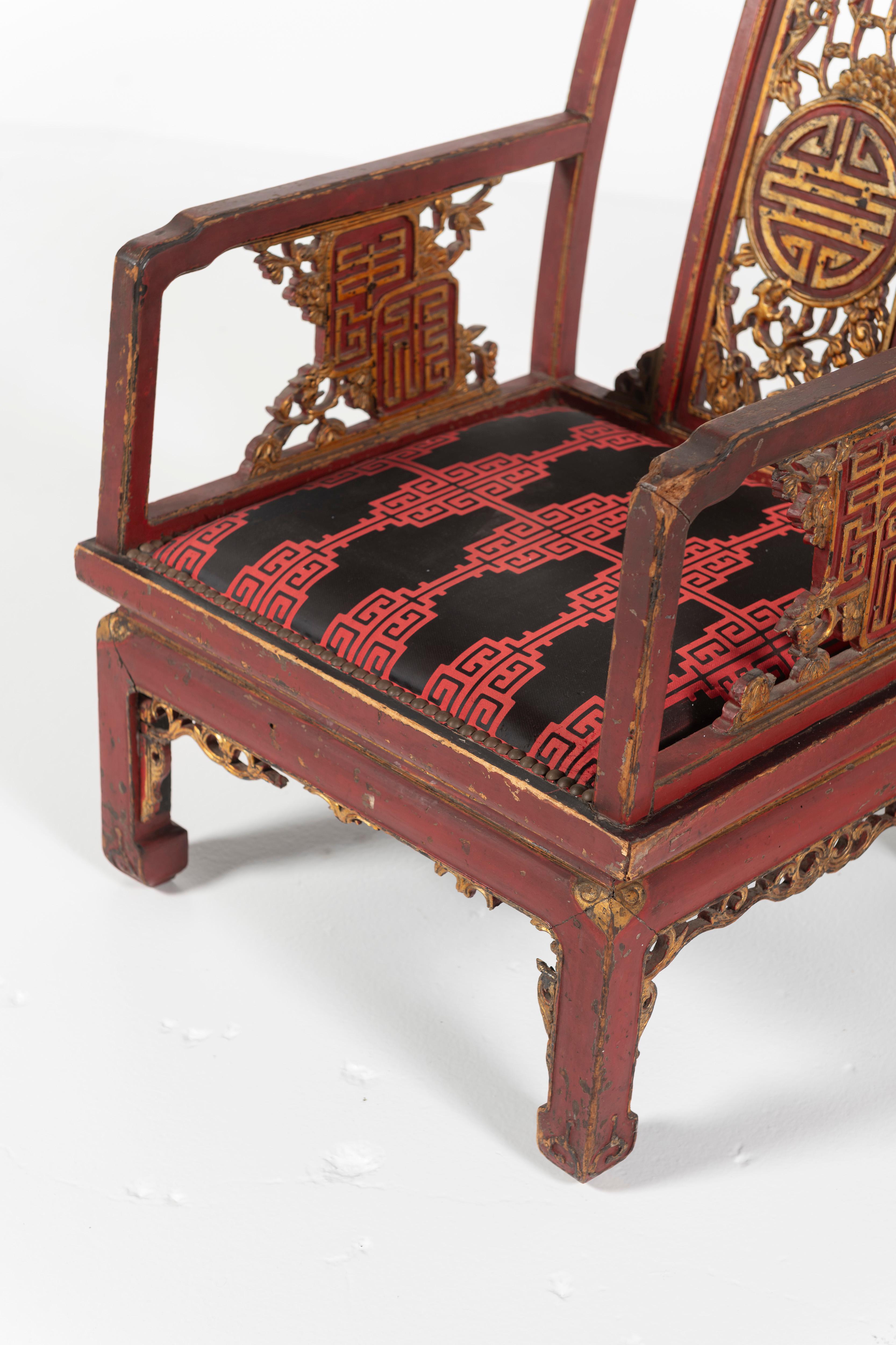 Pair of Antique French Chinoiserie Armchairs, Red and Gold Lacquer, 19th Century For Sale 9