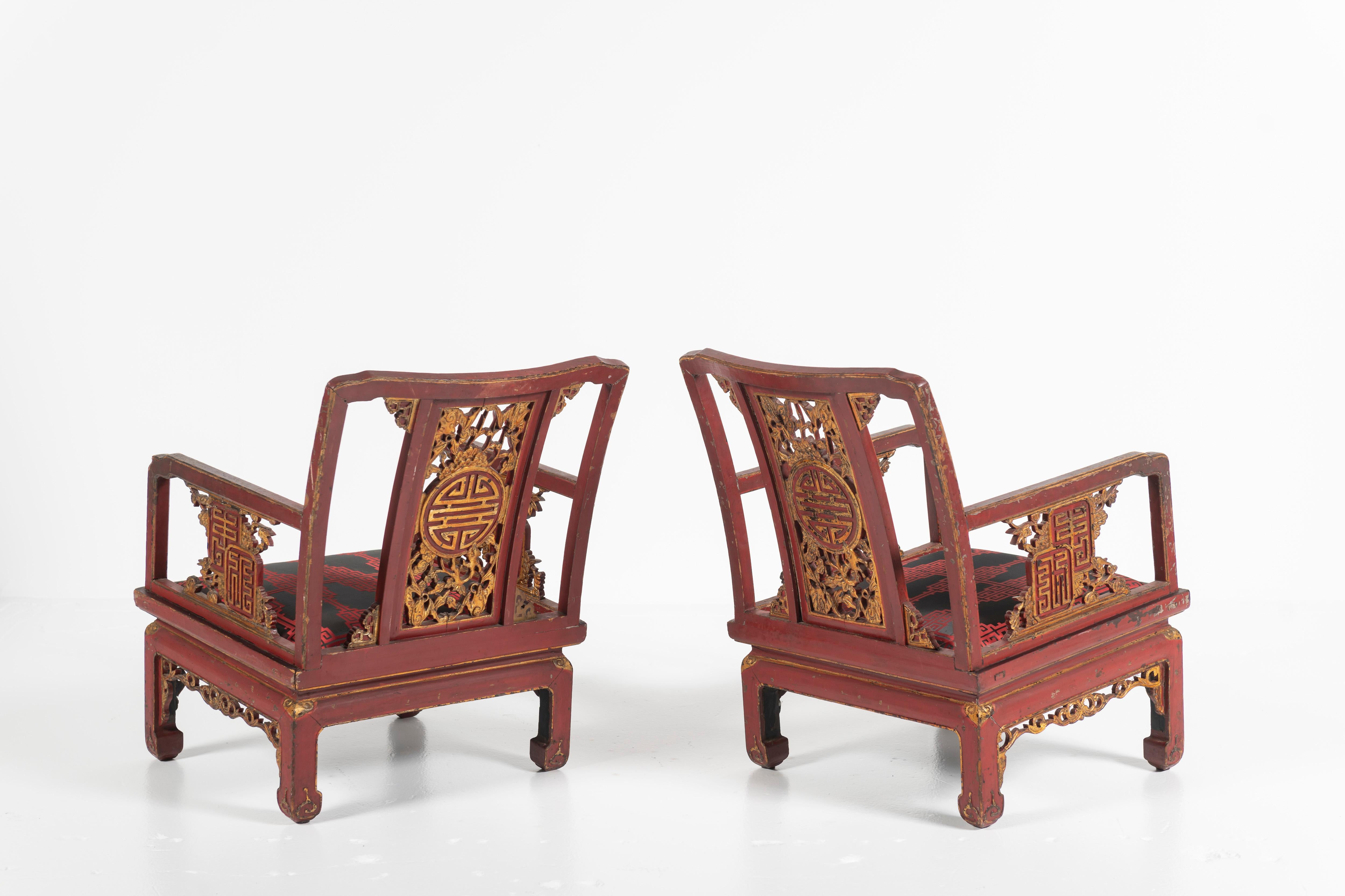 Fabric Pair of Antique French Chinoiserie Armchairs, Red and Gold Lacquer, 19th Century For Sale