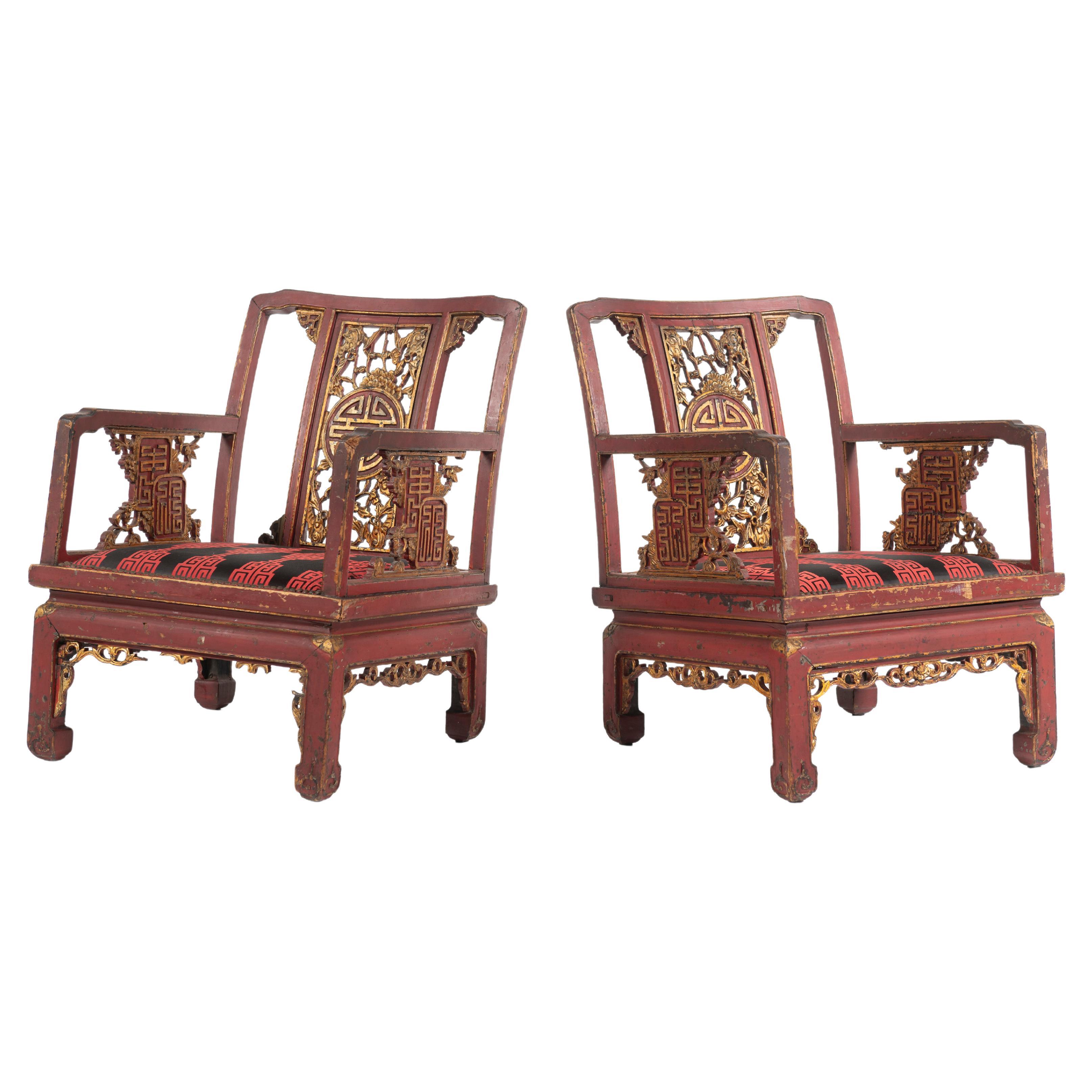 Pair of Antique French Chinoiserie Armchairs, Red and Gold Lacquer, 19th Century For Sale
