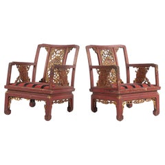 Pair of Antique French Chinoiserie Armchairs, Red and Gold Lacquer, 19th Century