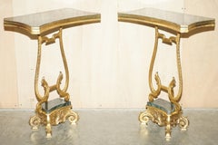 Pair of Antique French circa 1880 Solid Brass & Green Marble Side End Tables