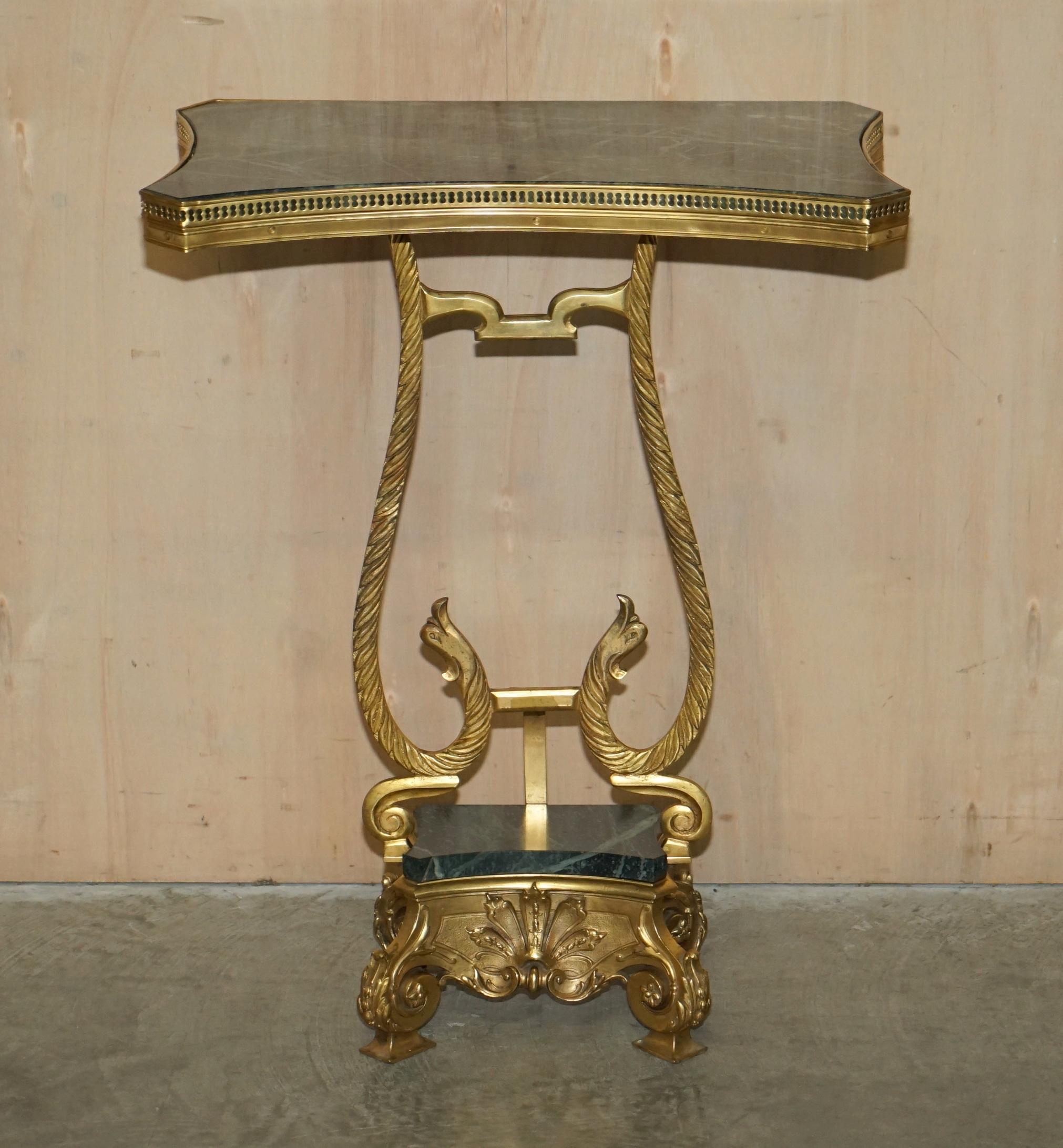 Hand-Crafted Pair of Antique French circa 1880 Solid Brass & Green Marble Side End Tables For Sale