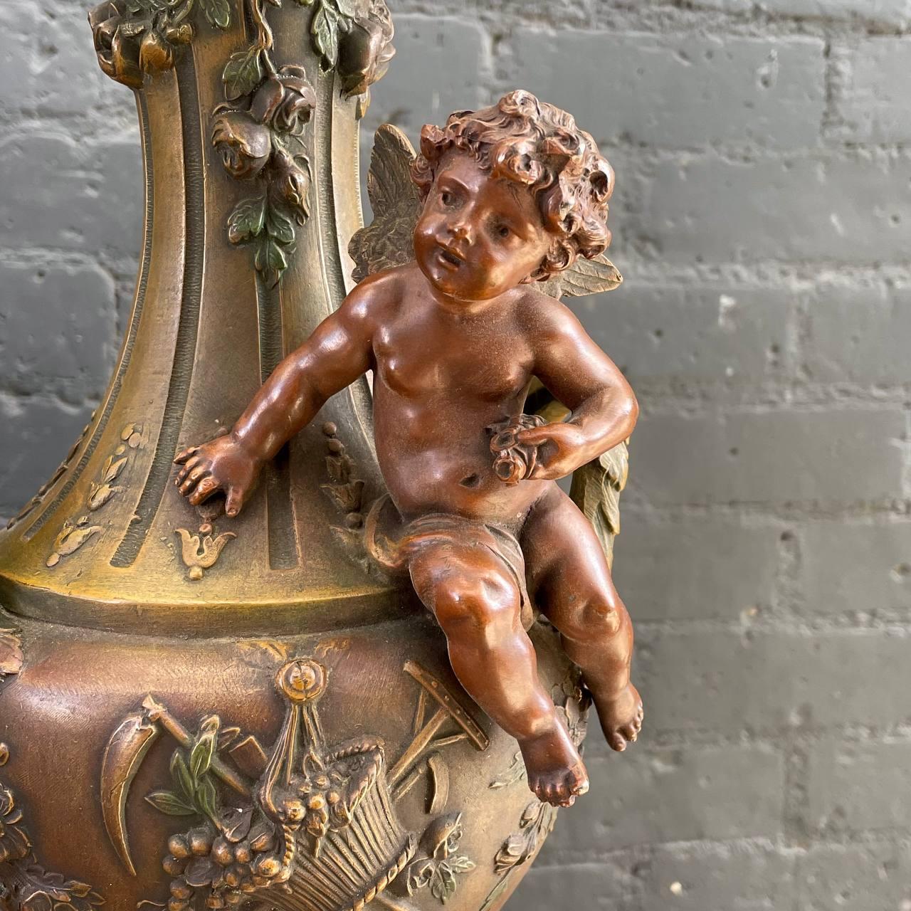 Pair of Antique French Classical Urn Style Table Lamps with Cherubs  For Sale 6